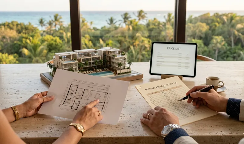 Comprador revisando planos y plan de pago de una propiedad en la Riviera Maya junto a un asesor inmobiliario