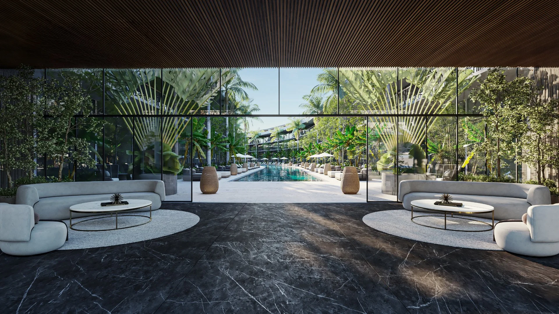 Lobby y alberca con vista panorámica en Aura by AWA, Playacar Riviera Maya