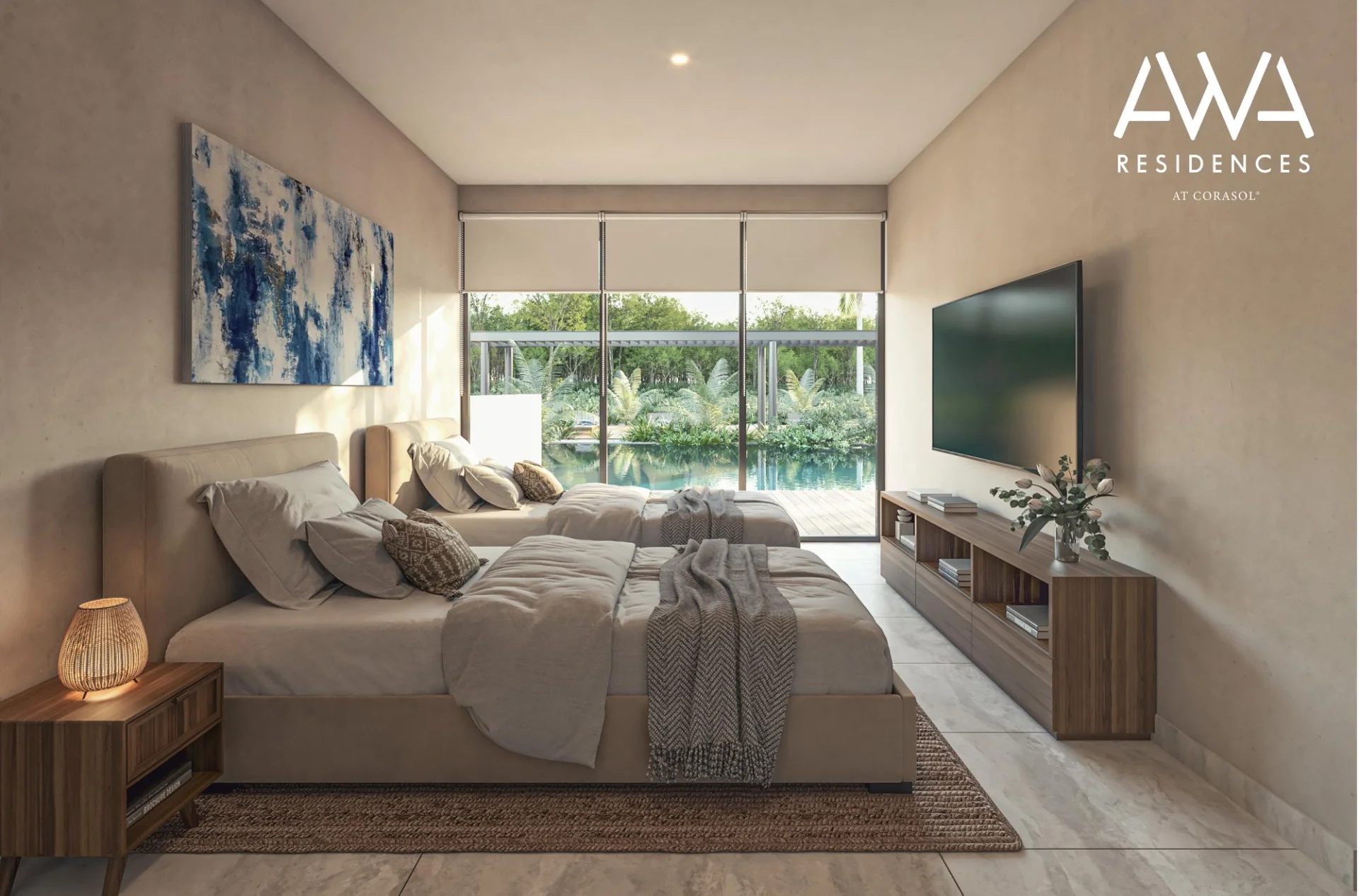 Alberca swim-up con terrazas en AWA Residences at Corasol, Playa del Carmen