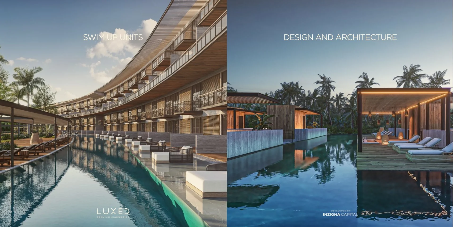 Sala, comedor y cocina en unidad loft de AWA Residences at Corasol, Playa del Carmen