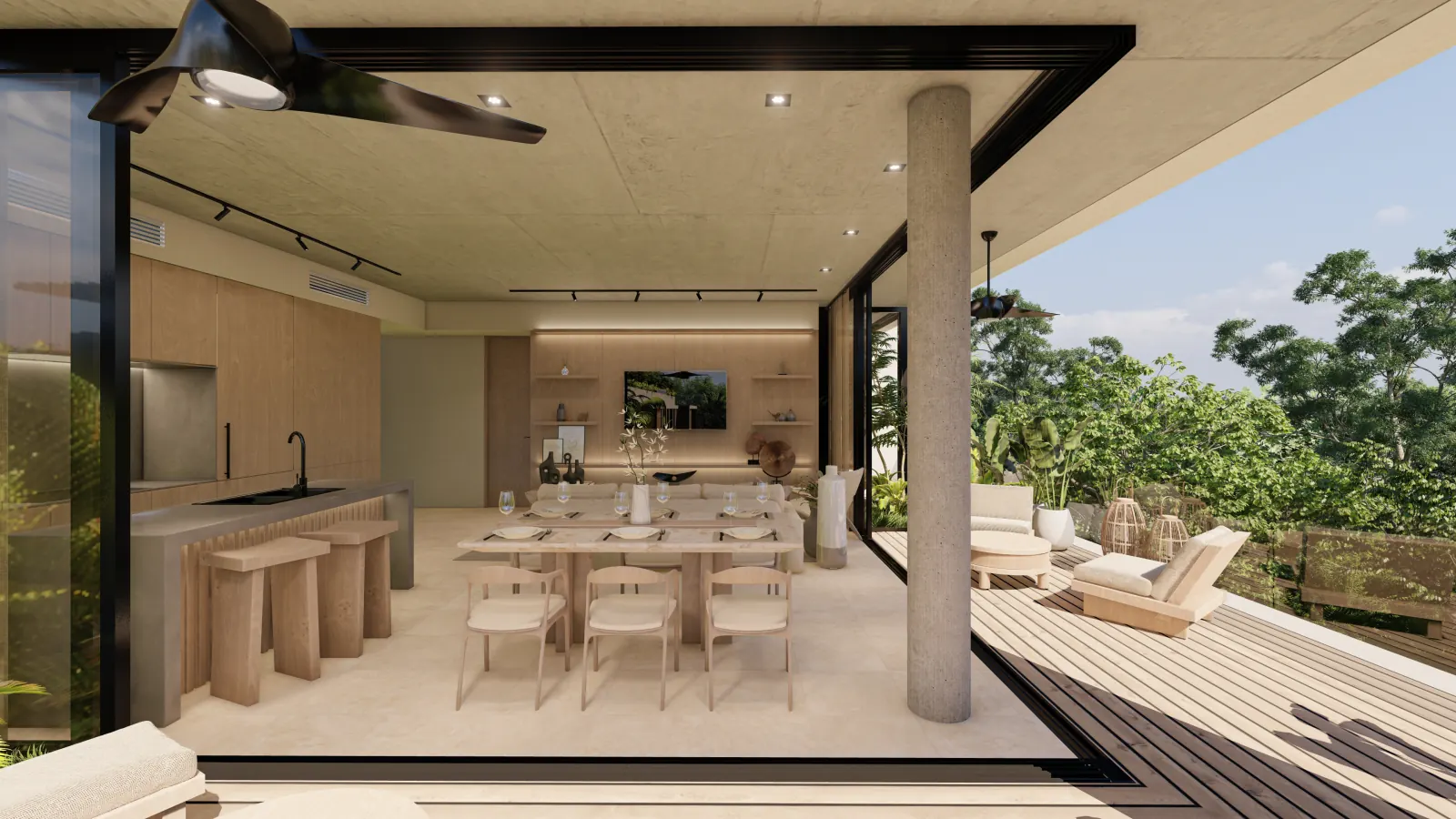 Bakabá Playacar — cocina comedor sala penthouse terraza, Playacar