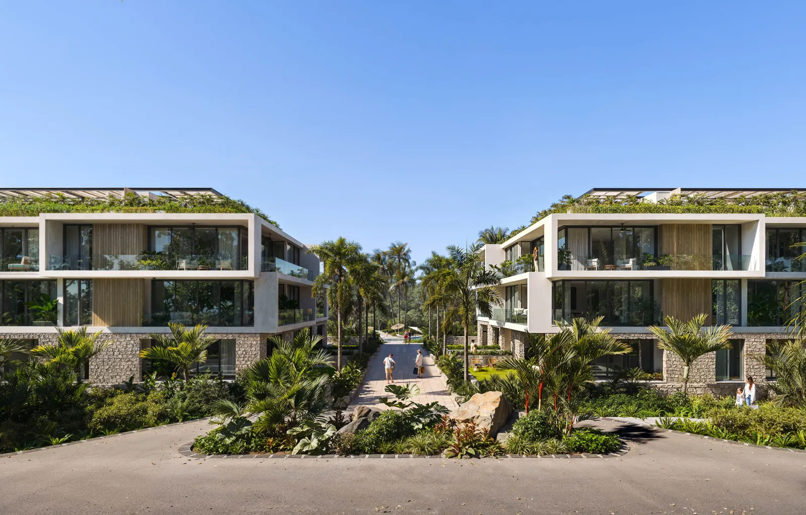 Bakabá Playacar — fachada edificios andador palmeras, Playacar