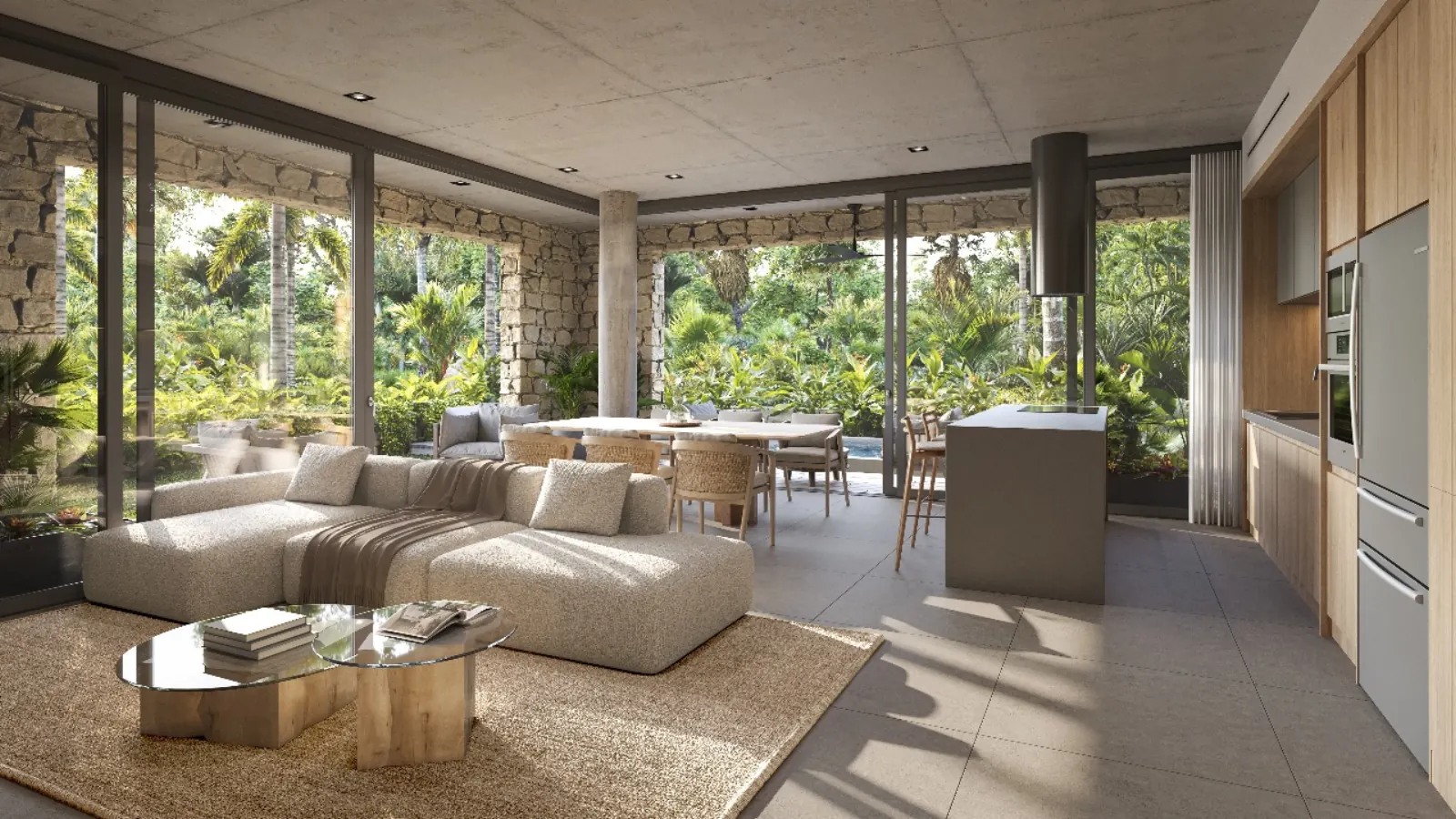 Bakabá Playacar — sala comedor cocina planta baja muros piedra, Playacar