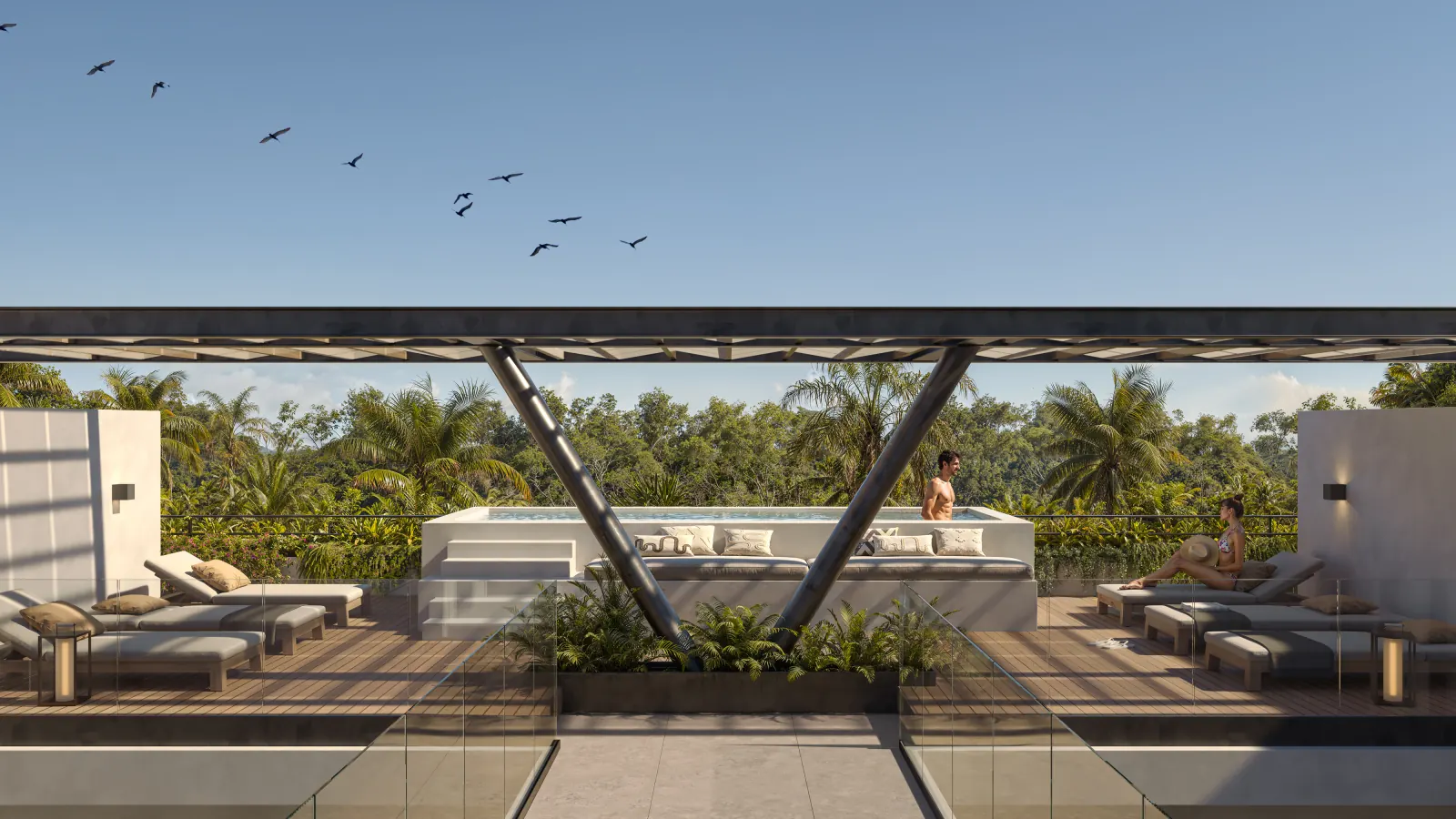 Bakabá Playacar — terraza común rooftop alberca pérgola, Playacar