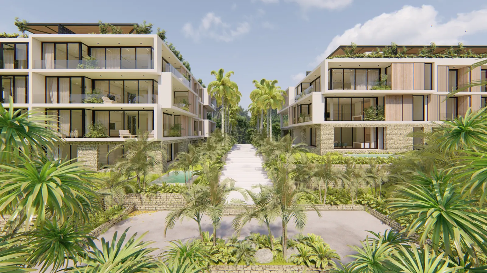 Bakabá Playacar — vista jardín central conjunto, Playacar