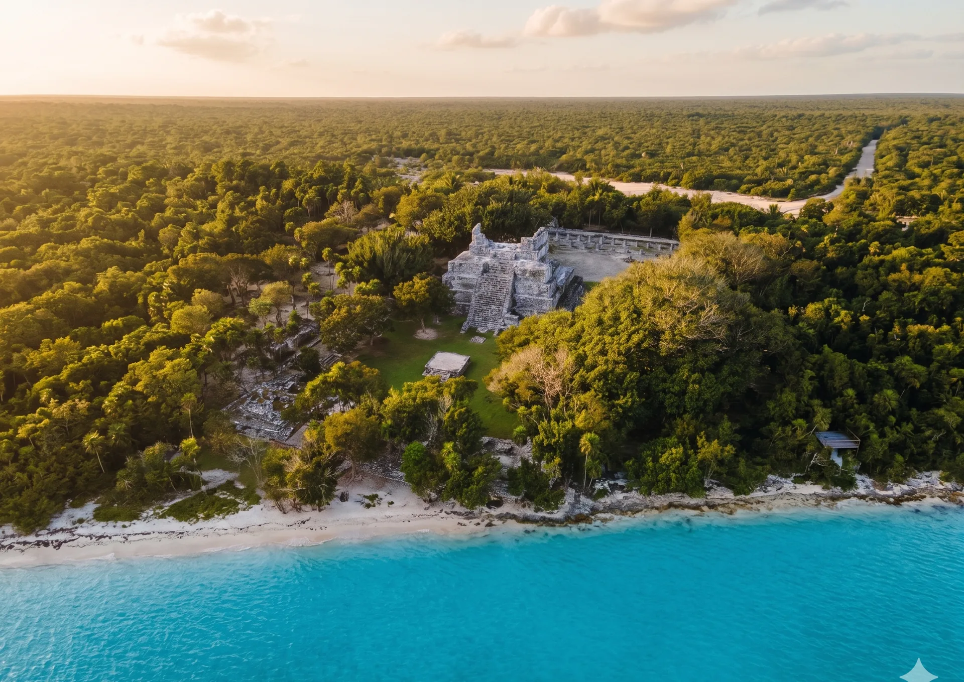El Castillo pyramid at El Meco Archaeological Site facing the Caribbean Sea — Mayan culture near Costa Mujeres