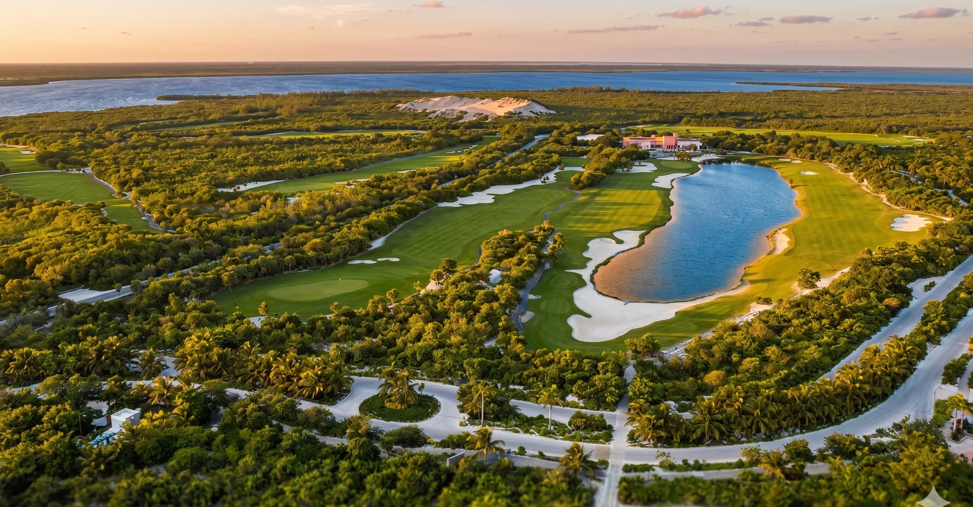Aerial view of Playa Mujeres Golf Club — Greg Norman 18-hole par 72 course on the Caribbean Sea