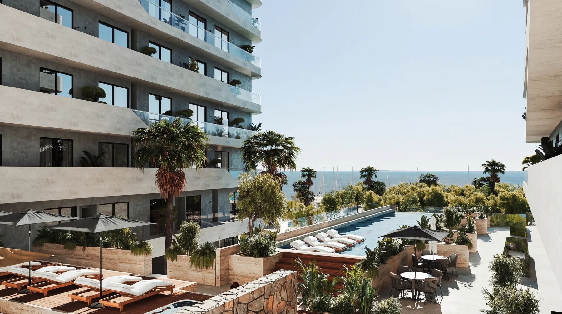 Rendering of the Dhamar pool with sun loungers and the Caribbean beyond