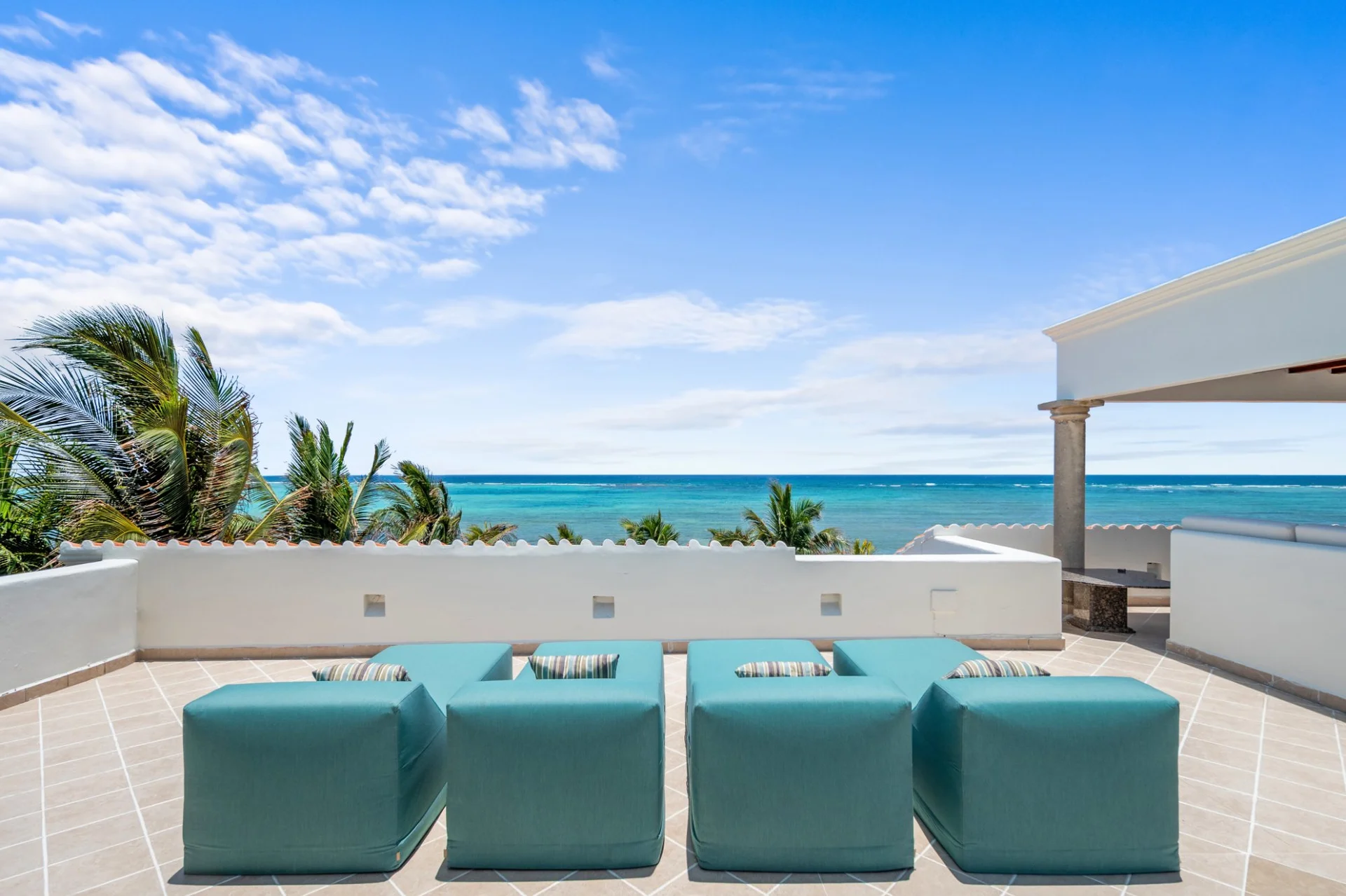 Rooftop terrace with panoramic Caribbean Sea view from Hacienda Caracol, Tulum