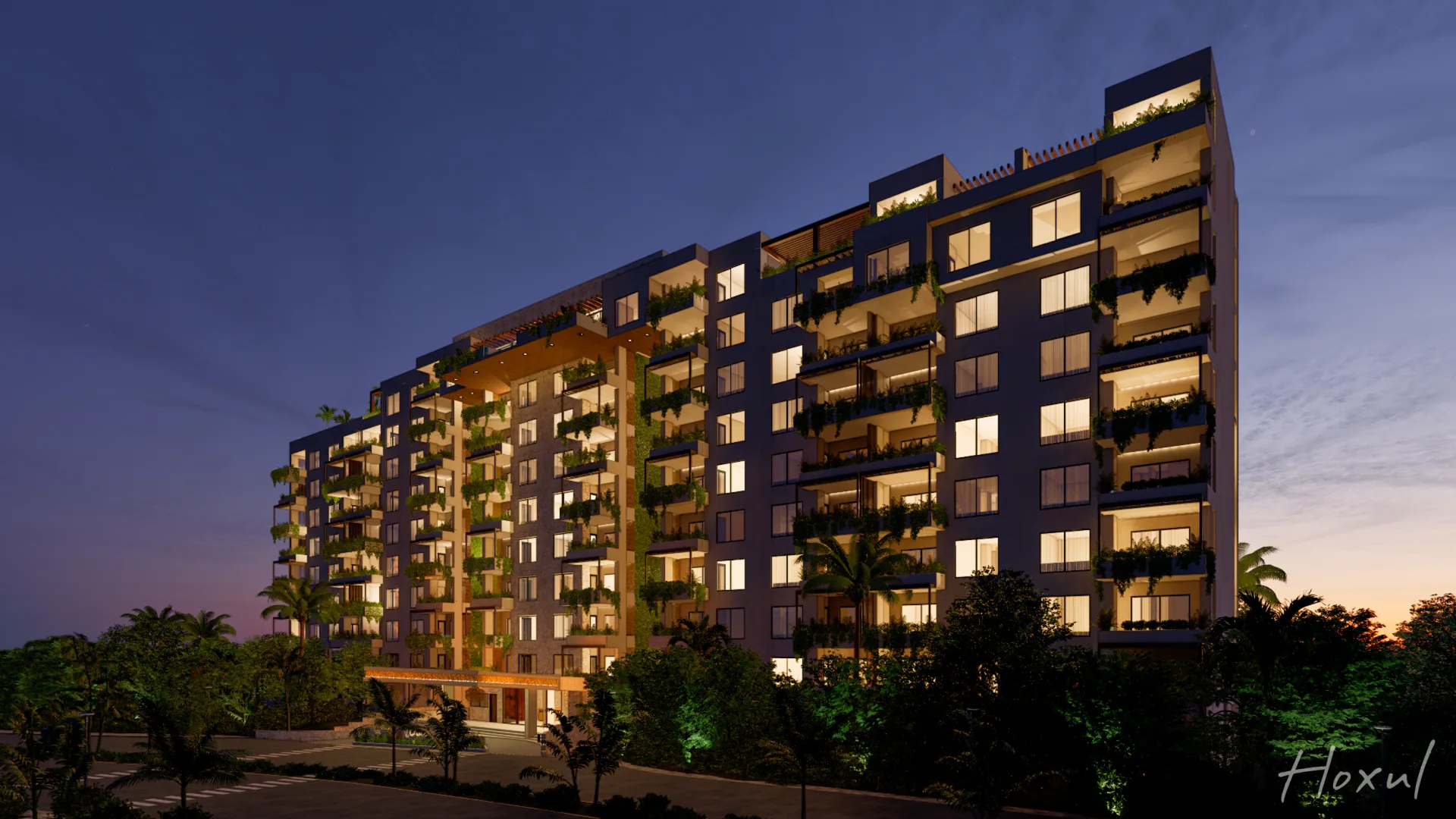 Hoxul Luxury Residences — fachada frontal noche corasol, Corasol