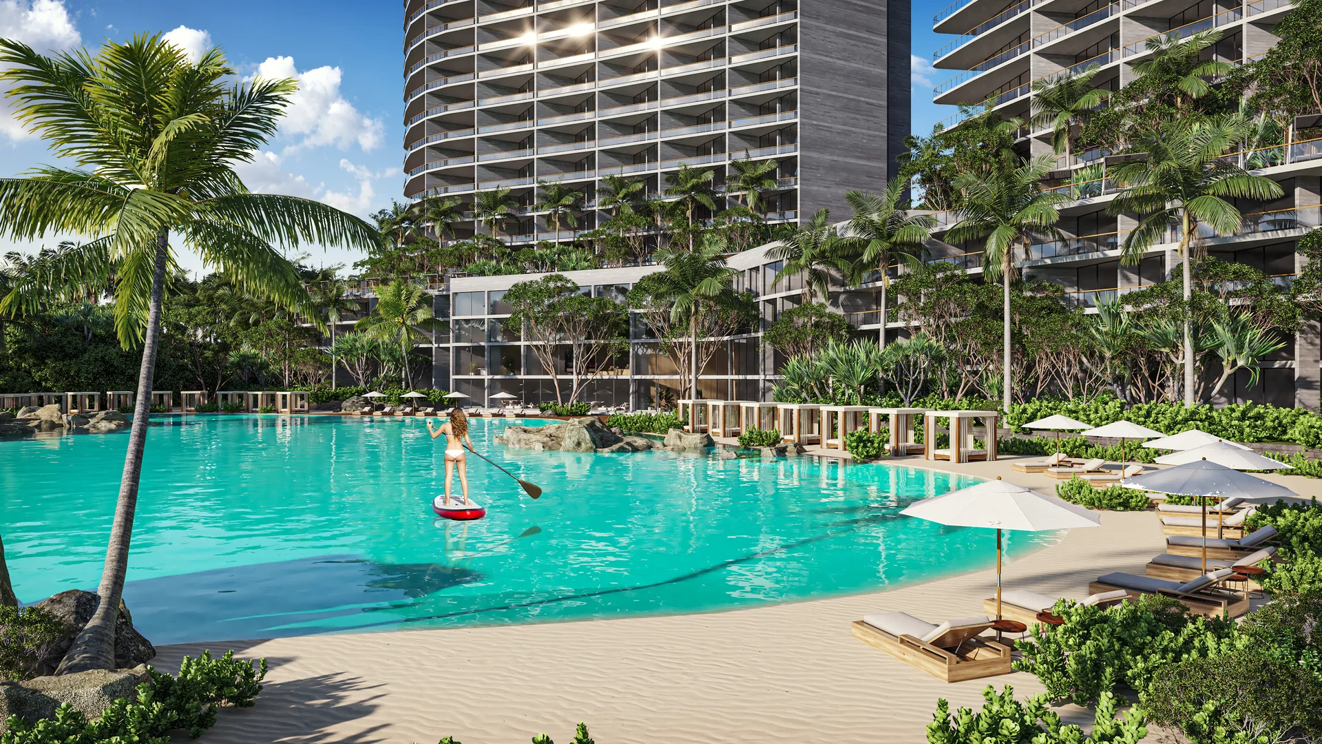 Laguna Crystal Lagoons con paddleboard y playa en Le Parc Cancún