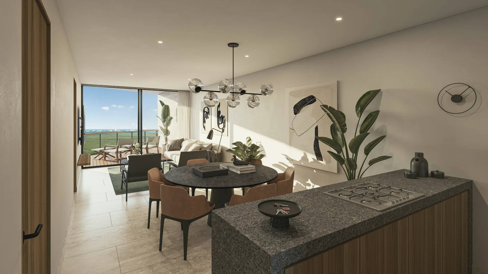 Sala y comedor de 2 recámaras con vista al mar en Le Parc Cancún