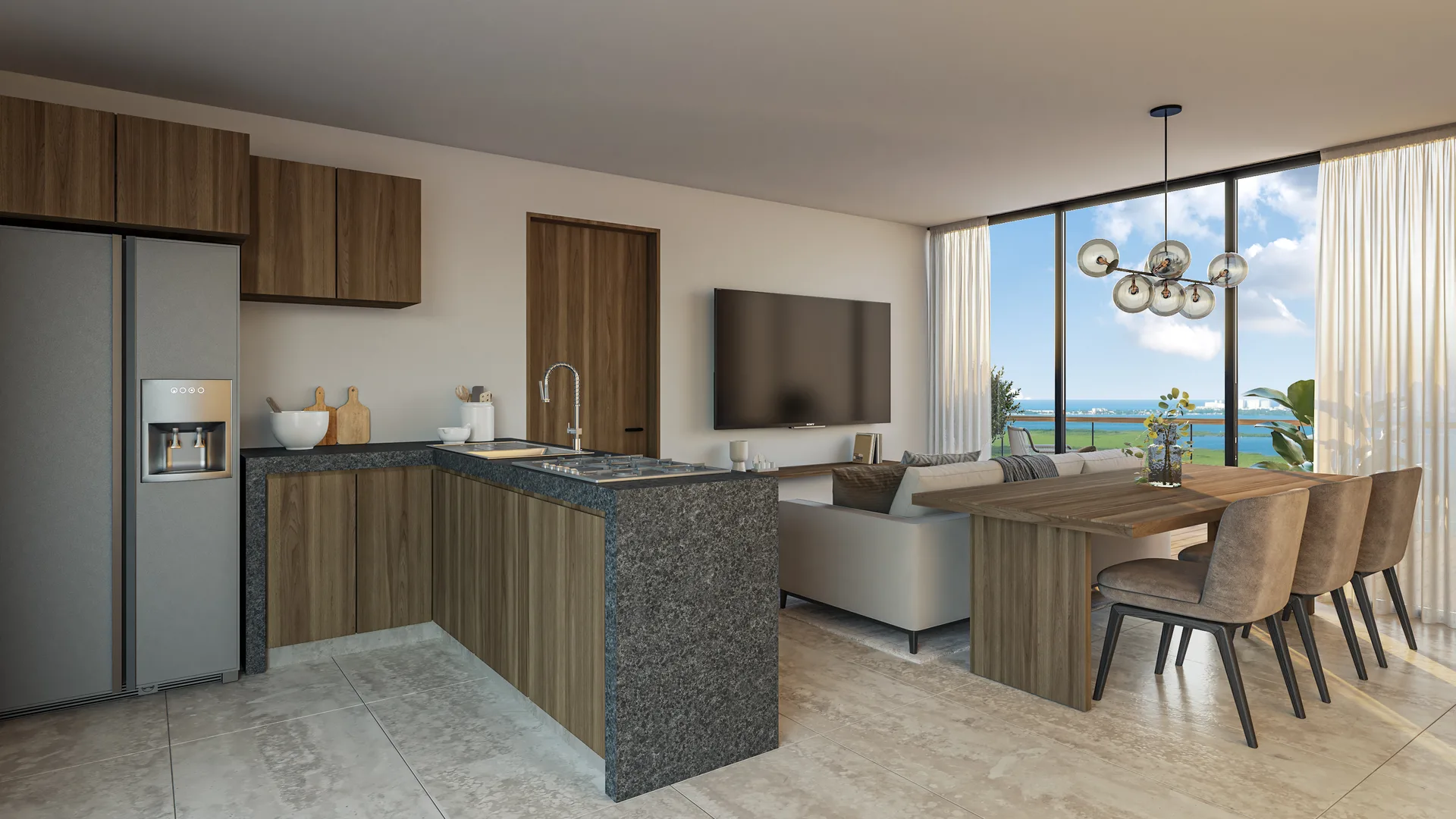 Sala, comedor y cocina de departamento de 3 recámaras en Le Parc Cancún
