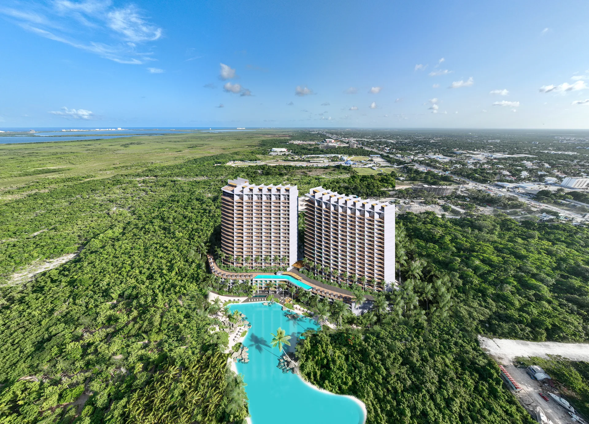 Vista aérea de las torres, laguna y manglar de Le Parc Cancún