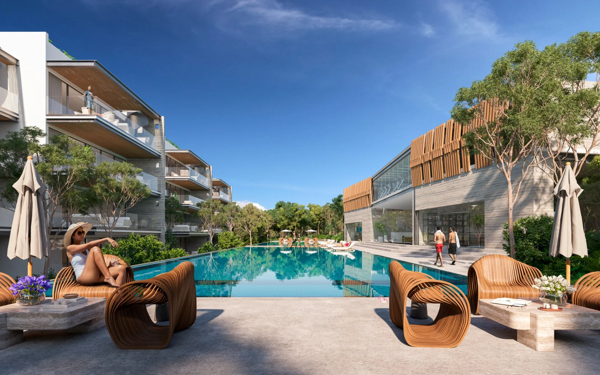 Alberca central y amenidades de Macondo Residences Playacar, Riviera Maya
