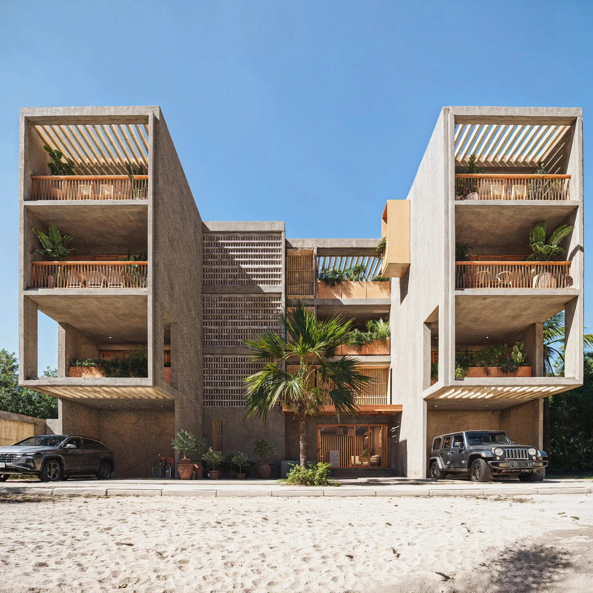 Contemporary architecture with balconies at Maranta Bahía Soliman, Tulum