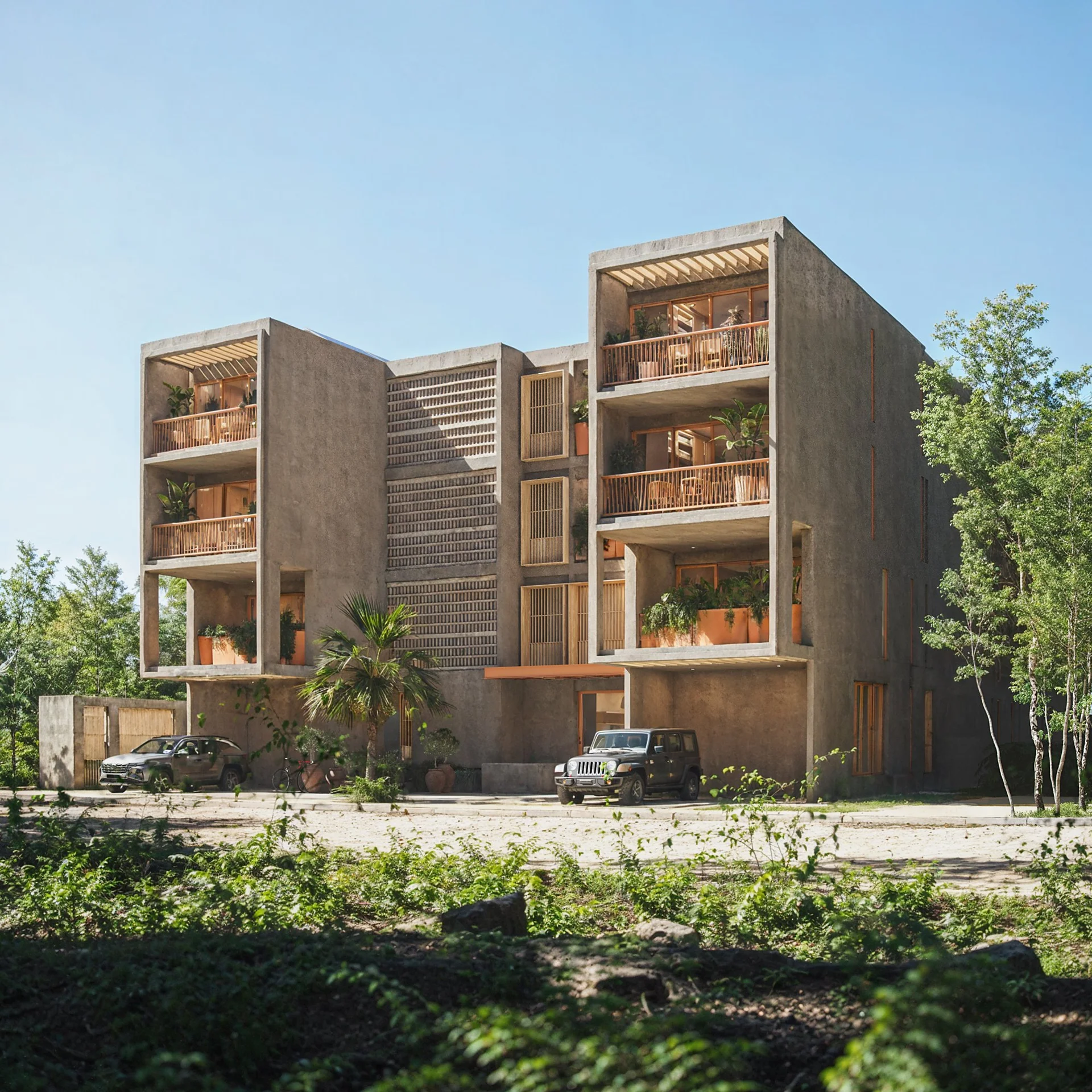 Lateral view of Maranta with jungle and balconies at Bahía Soliman, Tulum