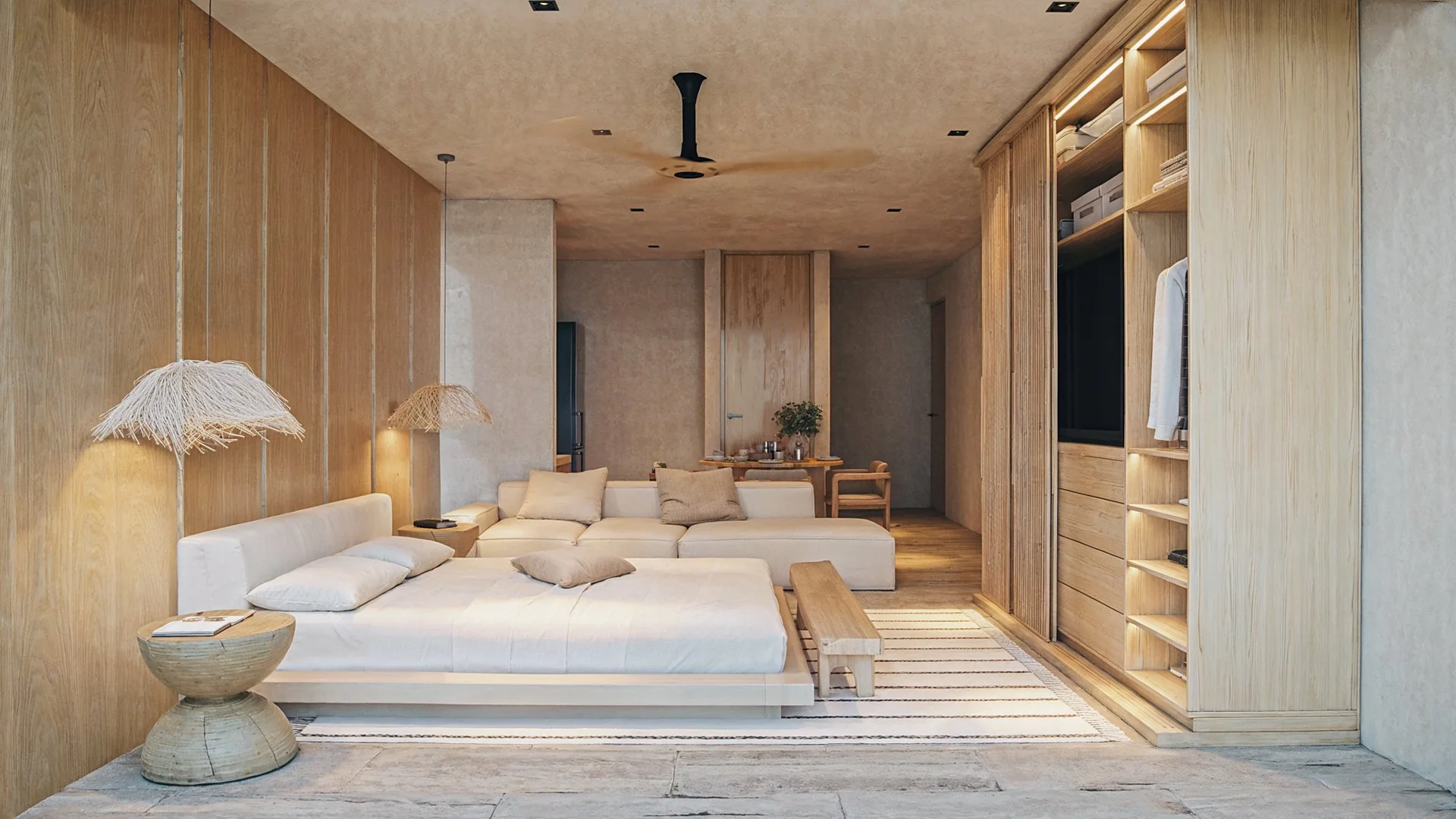 Integrated living area with illuminated closet in 1-bedroom apartment at Maranta Tulum