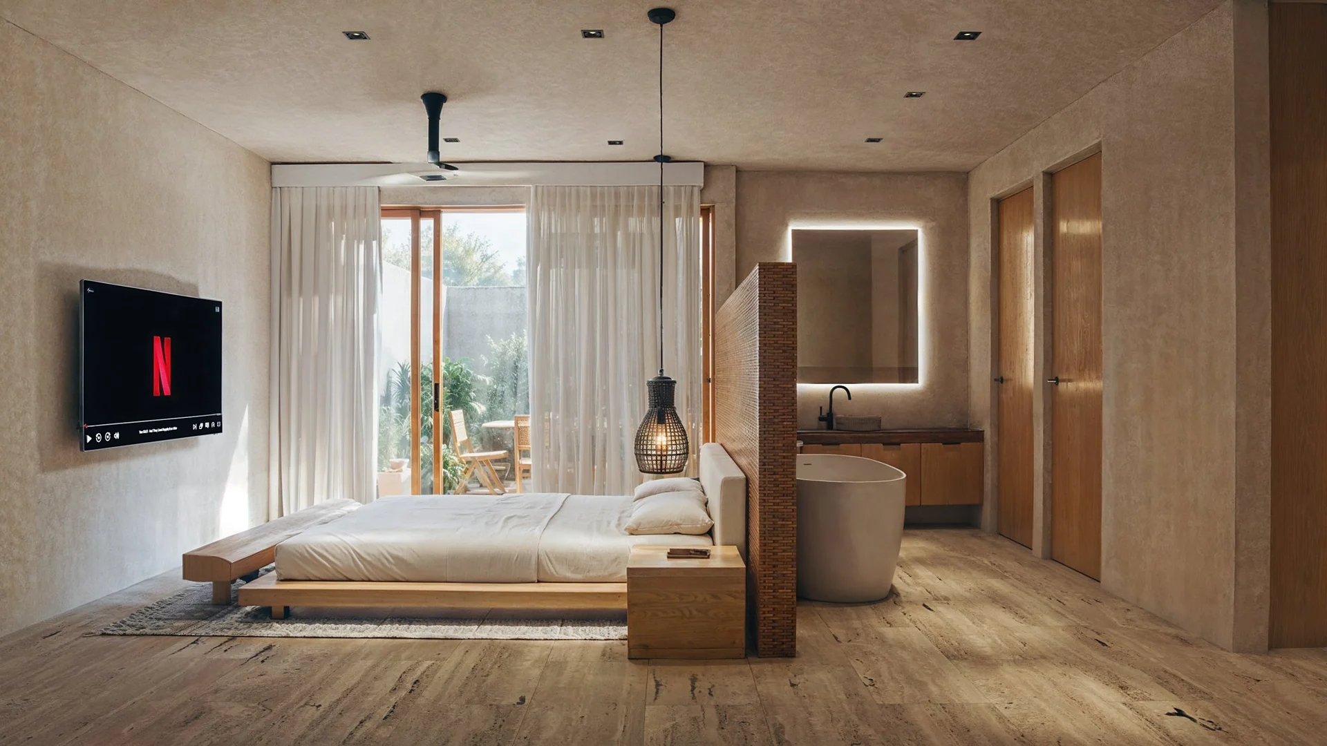 Master bedroom with bathtub and private terrace at Maranta condominium, Tulum