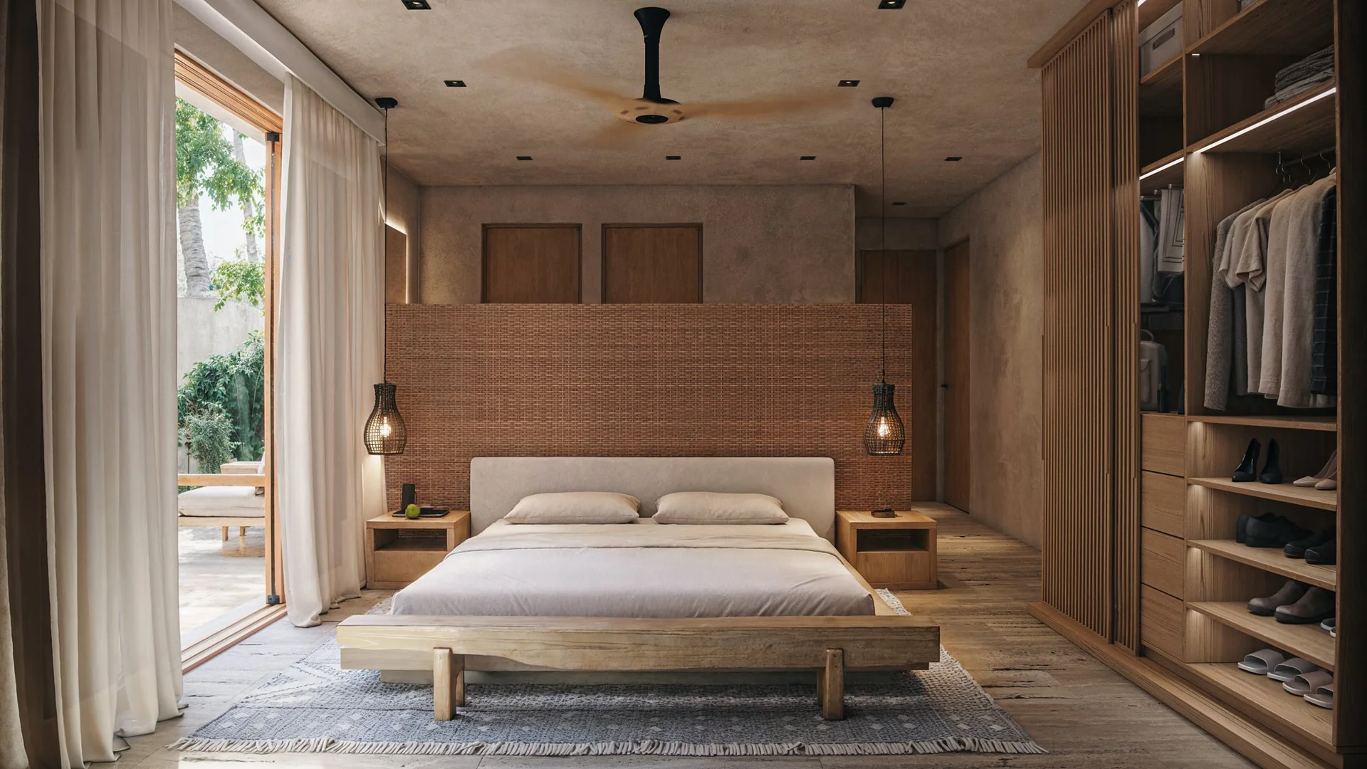 Master bedroom on ground floor with wood closet at Maranta Bahía Soliman