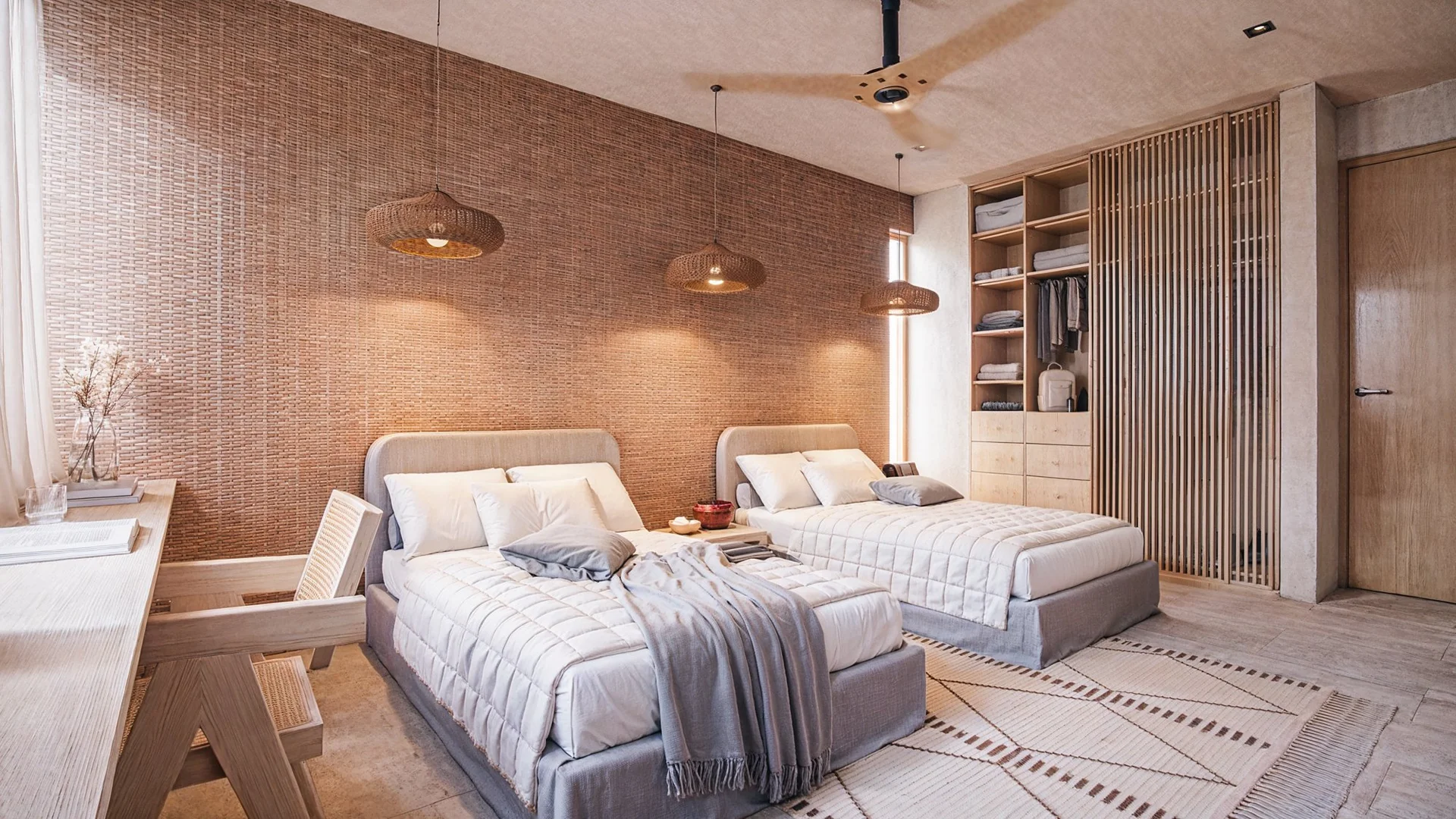 Secondary bedroom with twin beds and wood design at Maranta Bahía Soliman, Tulum