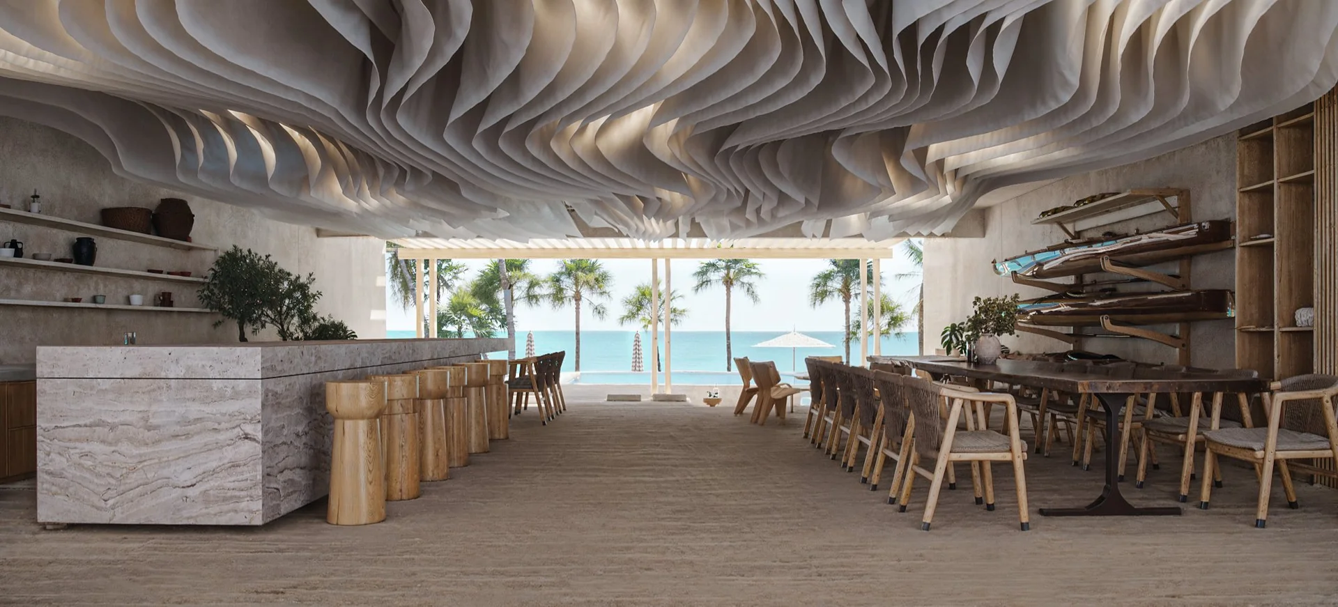 Social terrace with bar and sea view at Maranta condominium, Bahía Soliman Tulum