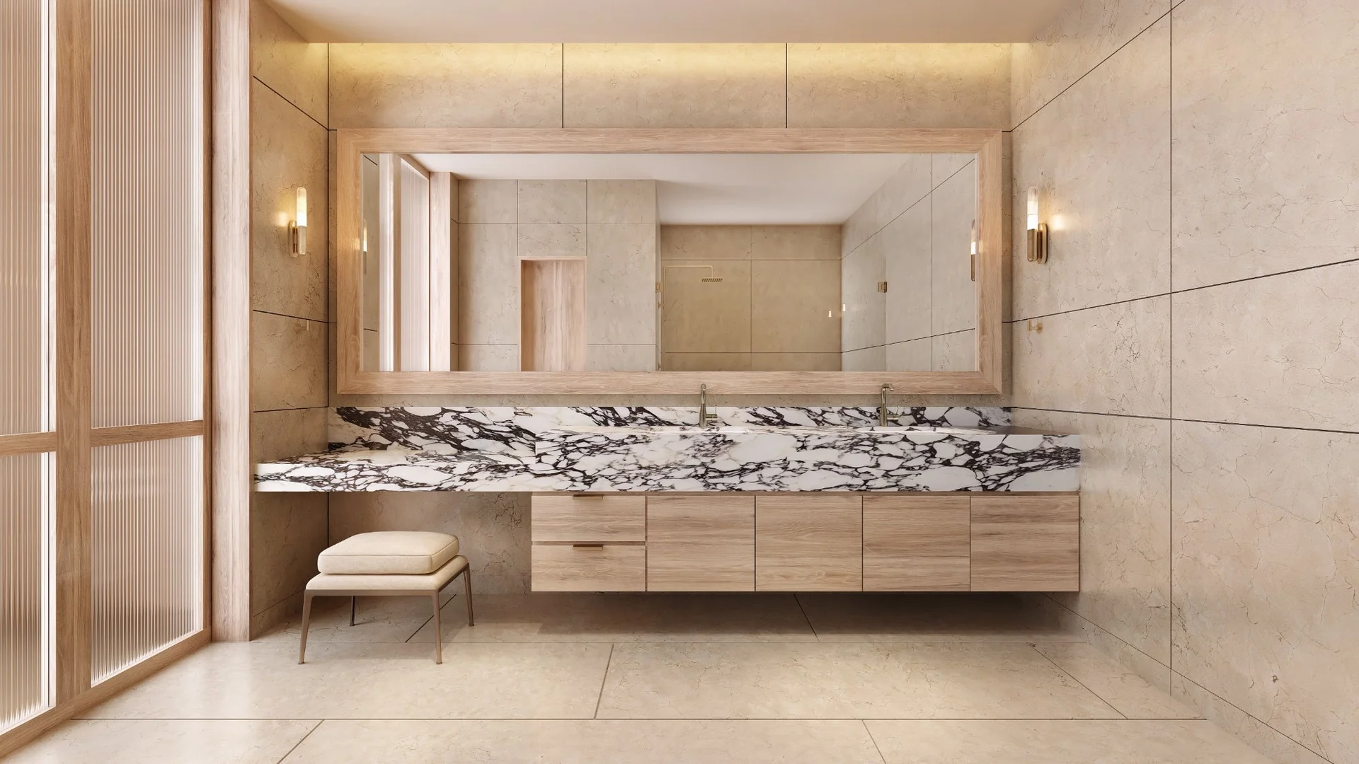 Baño master con mármol, lavabo doble y espejo en Marietta Isla Mujeres, Kelman