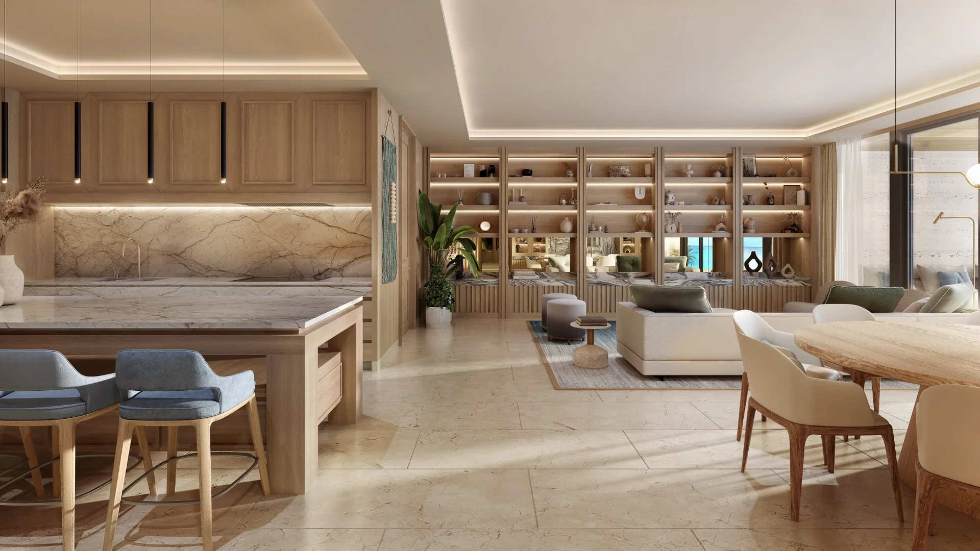 Cocina y sala integradas con mármol y madera en departamento Marietta Isla Mujeres