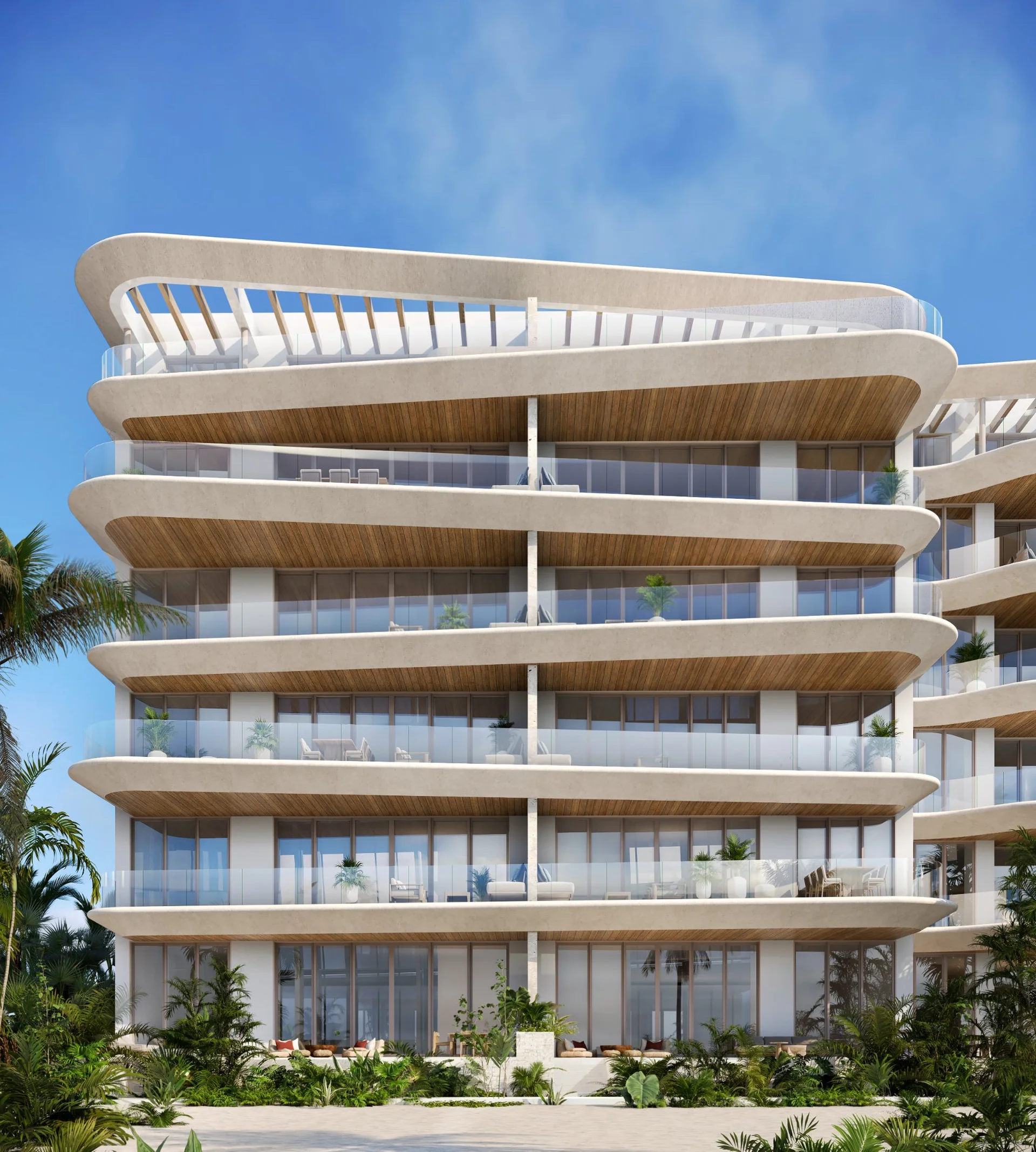 Detalle de balcones curvos de madera en la arquitectura de Marietta, Isla Mujeres