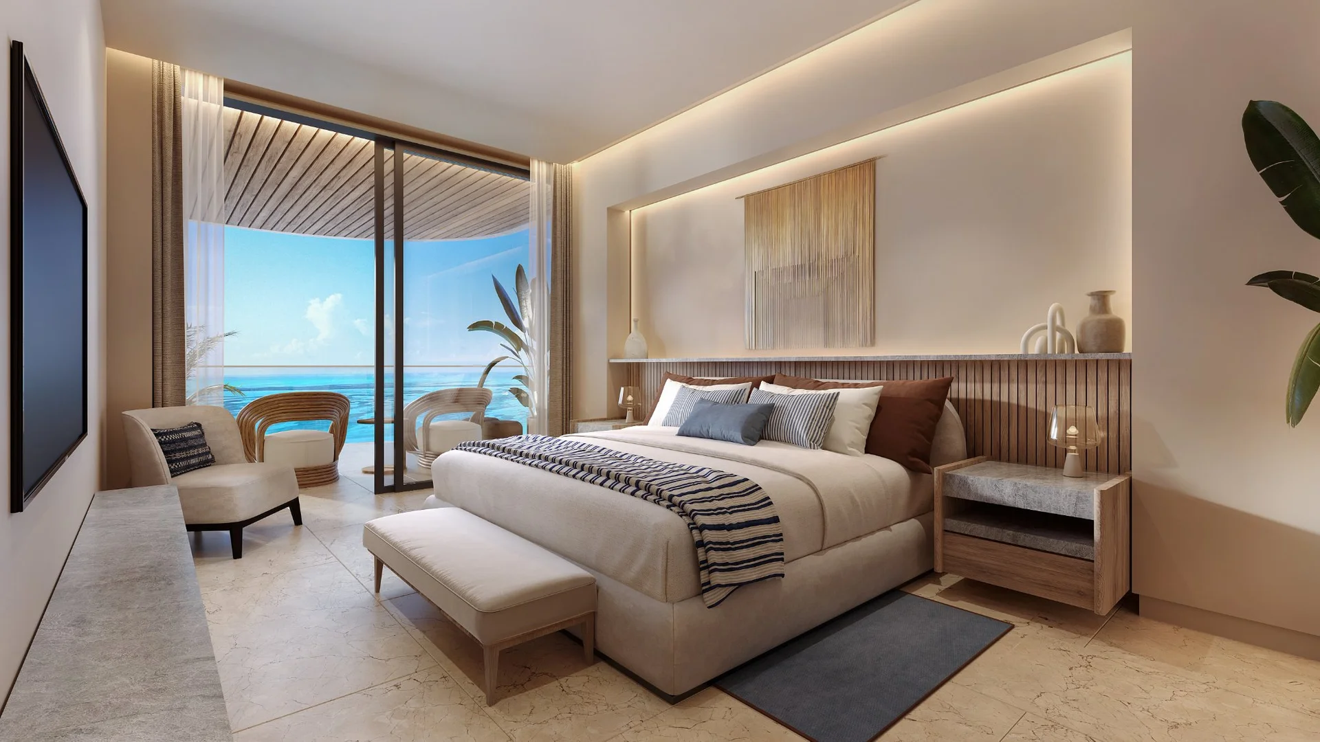 Recámara king con vista al mar y balcón en departamento Kelman Marietta Isla Mujeres