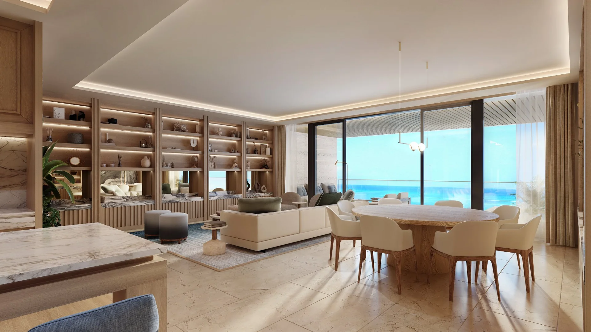 Sala y comedor con vista al Mar Caribe en departamento de lujo Marietta Isla Mujeres
