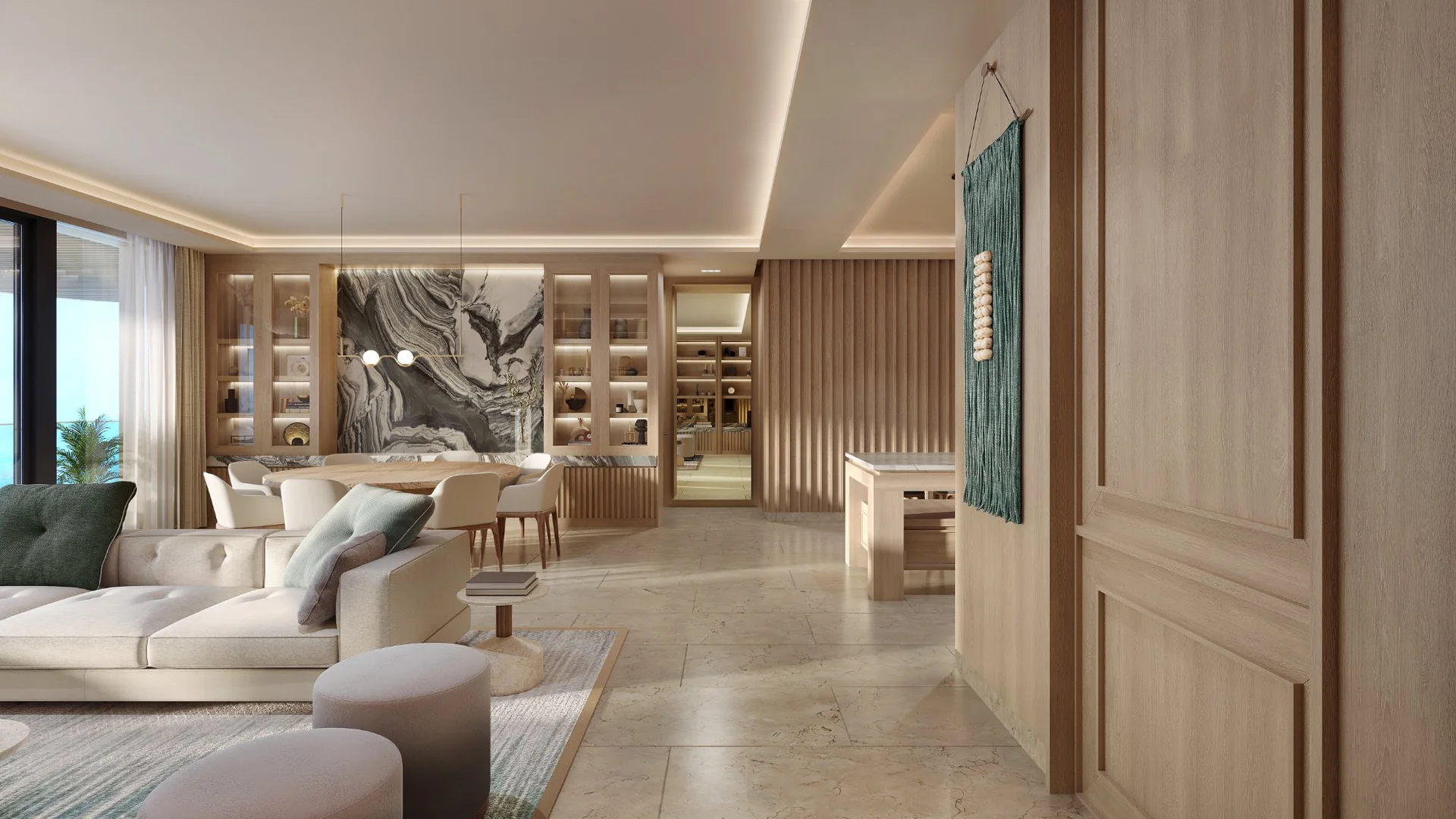 Sala interior con libreros de madera y acabados de lujo en Marietta Isla Mujeres