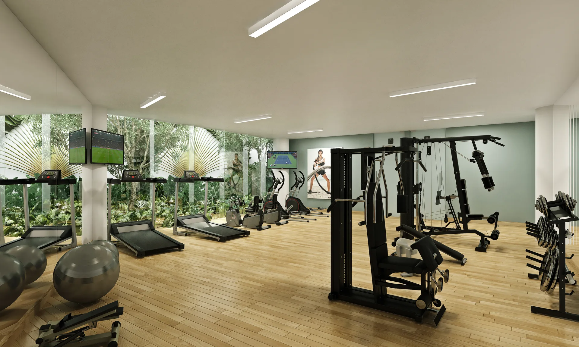 Gimnasio equipado con vista al jardin Marila