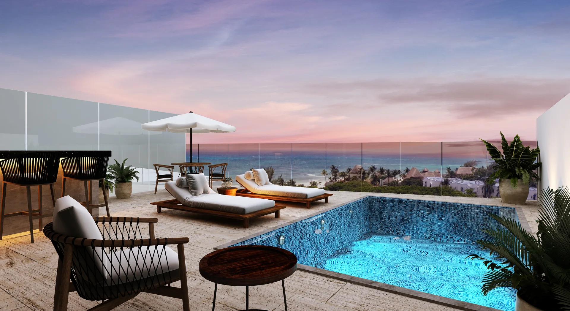 Terraza penthouse con alberca privada y vista al mar Marila