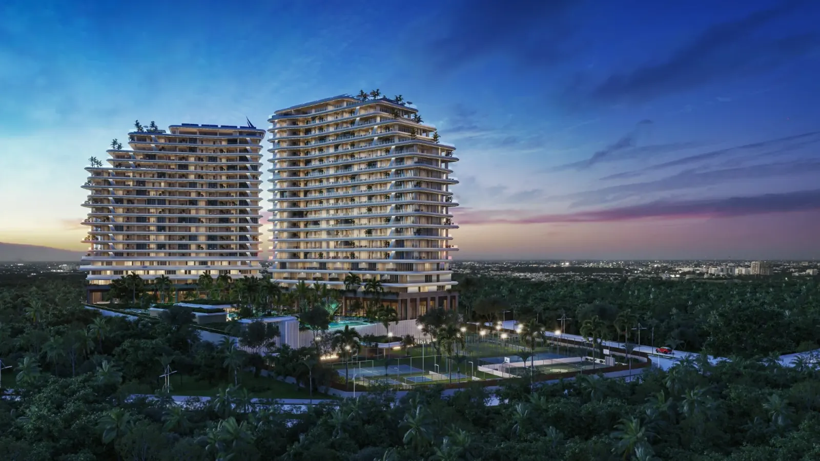 Fachada de las torres de lujo de Nautica Residences con selva en Cancún, render de día