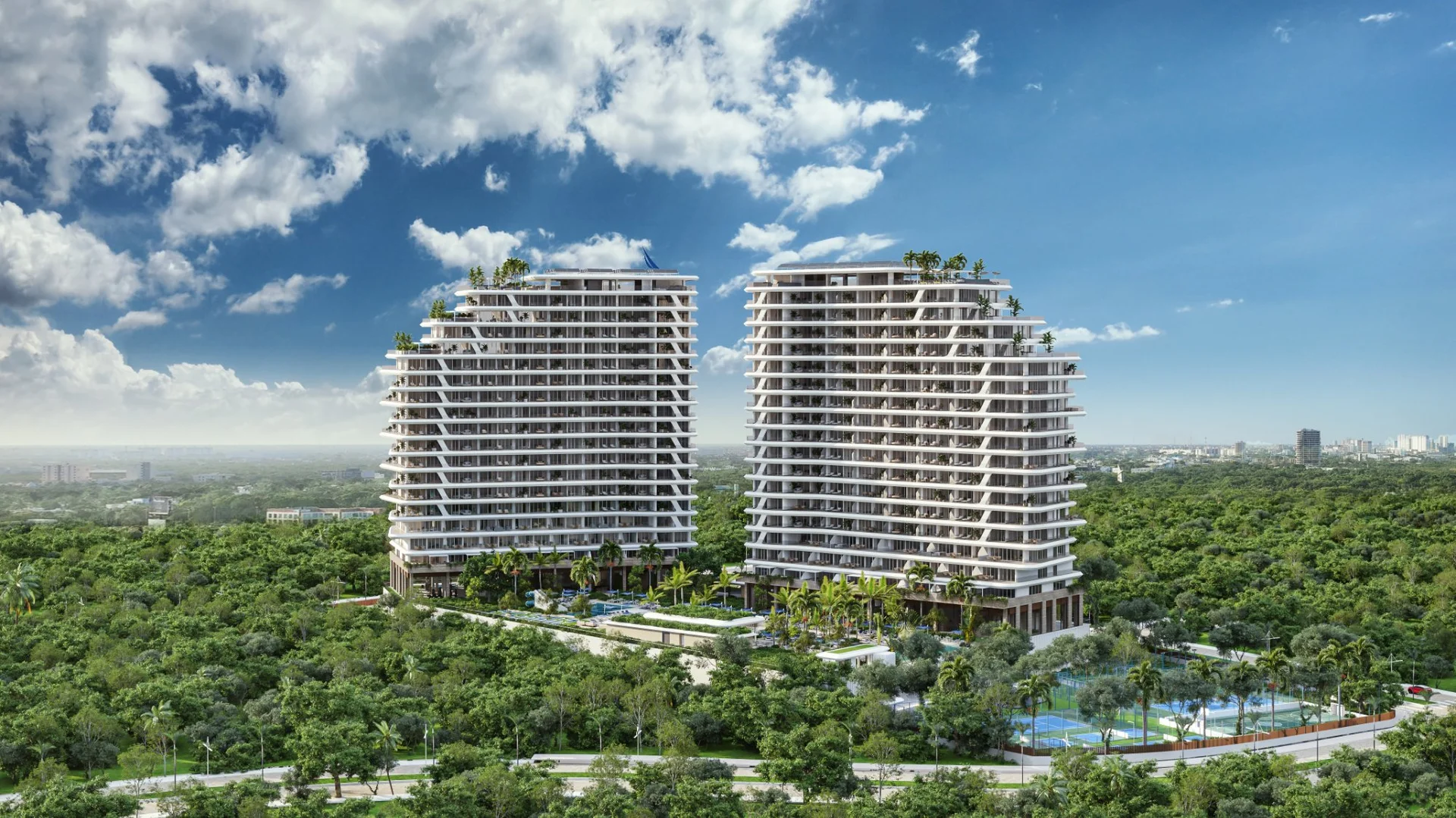 Render arquitectónico de las torres de lujo de Nautica Residences entre la selva de Cancún