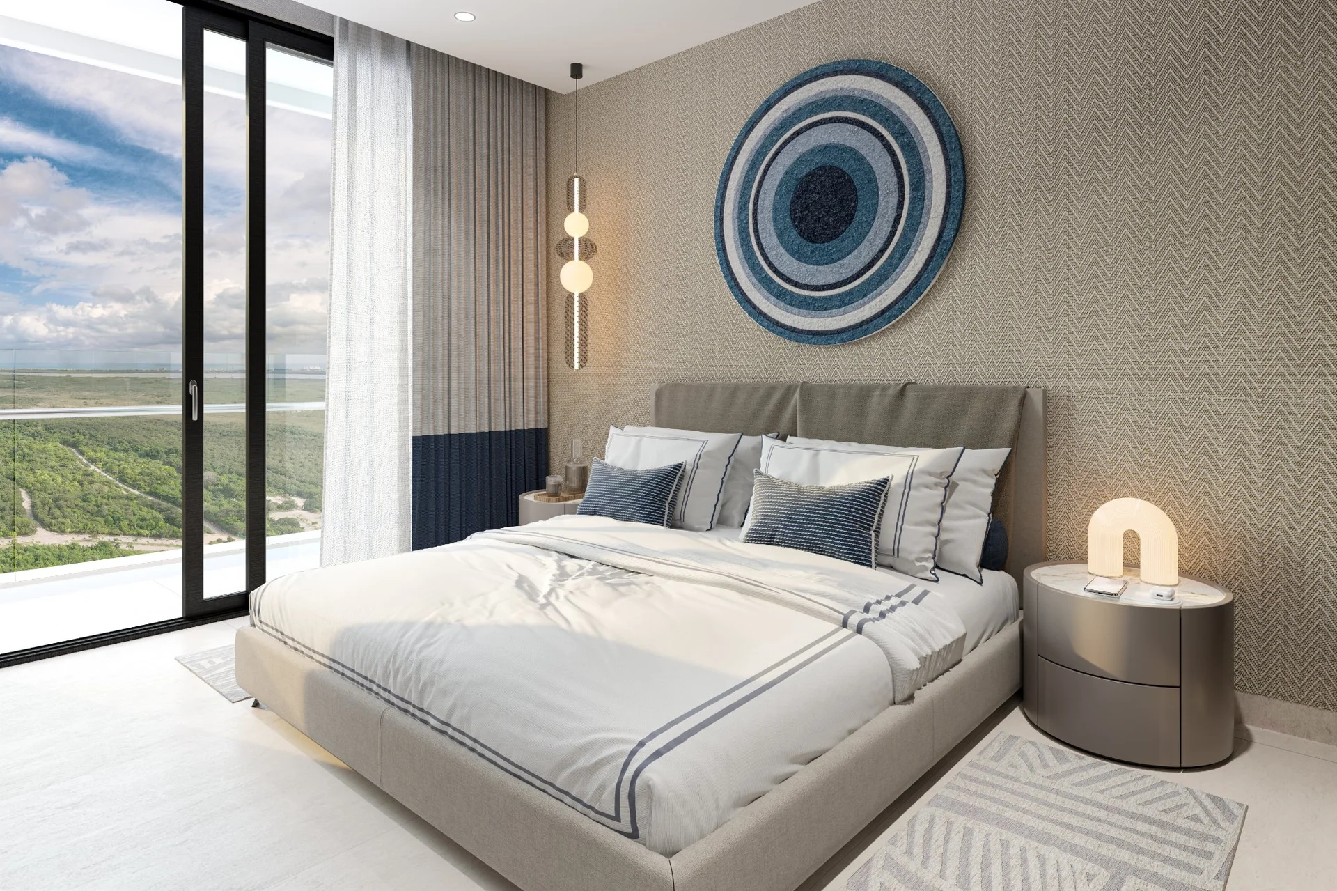 Recámara junior suite con vista a la selva en departamento de lujo Nautica Residences Cancún