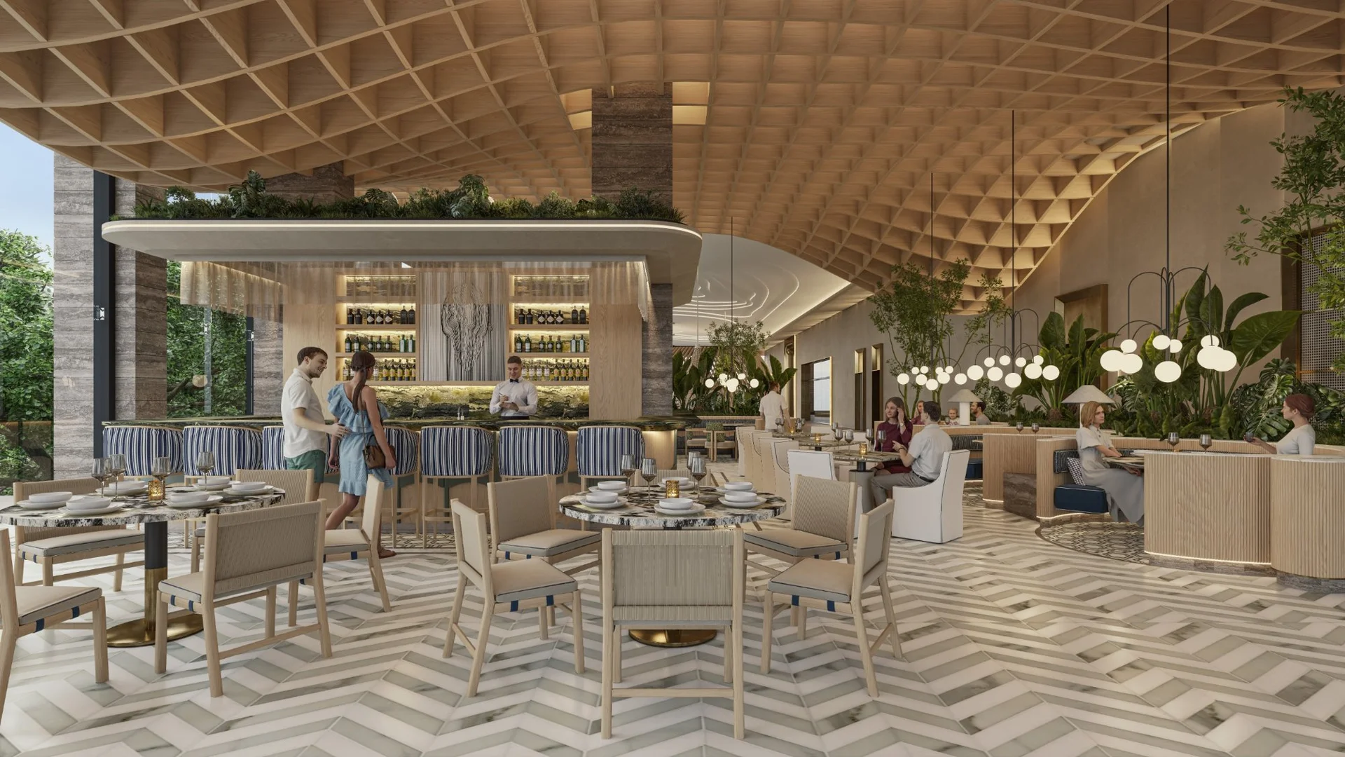 Restaurante bar de lujo con techo de madera como amenidad en condominio Nautica Residences Cancún
