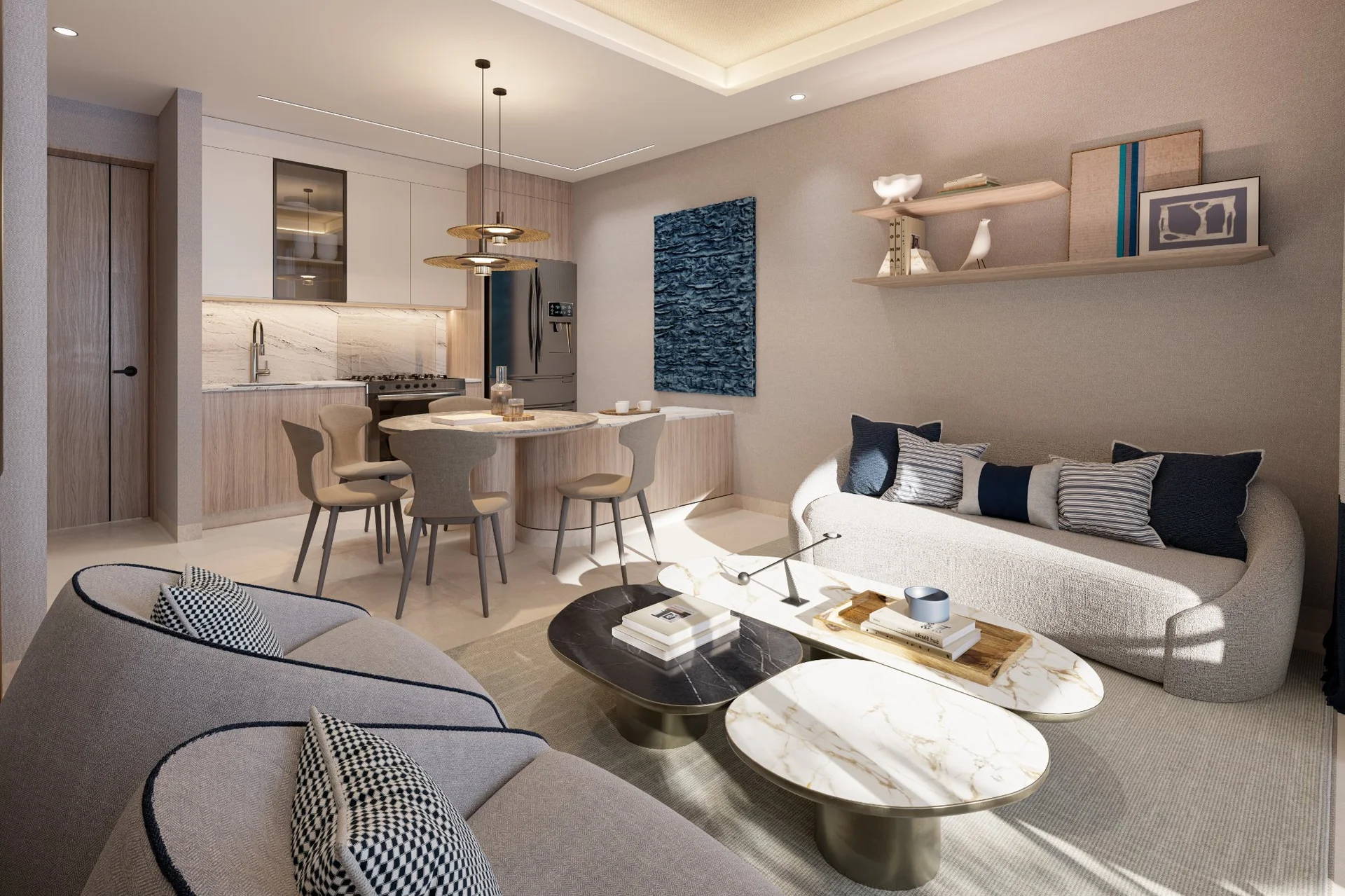 Sala y cocina integrada con diseño contemporáneo en departamento Nautica Residences Cancún