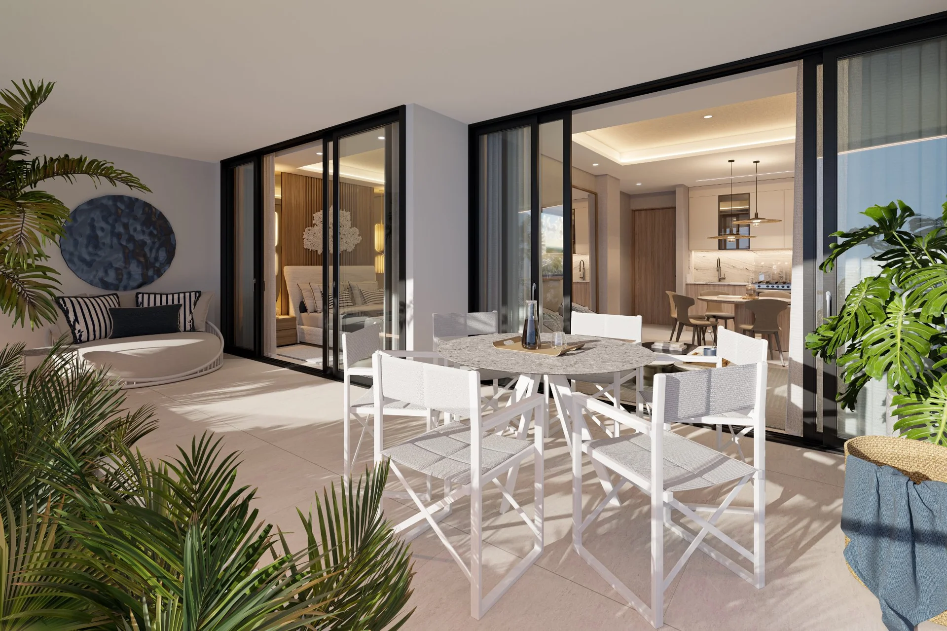 Terraza privada con comedor exterior en departamento de lujo Nautica Residences Cancún