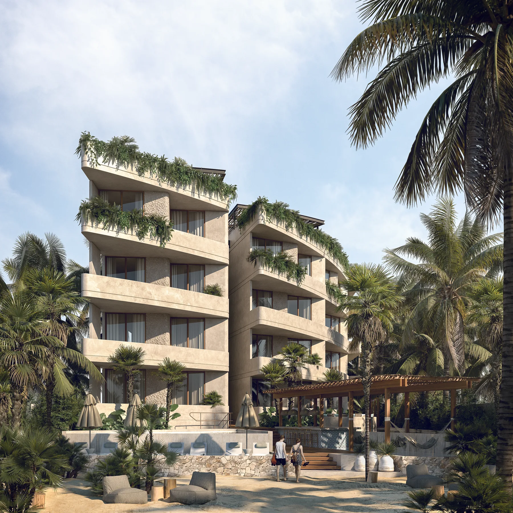 Nautila Beachfront Flats — render fachada desde la playa bahia tankah tulum, Bahia Tankah