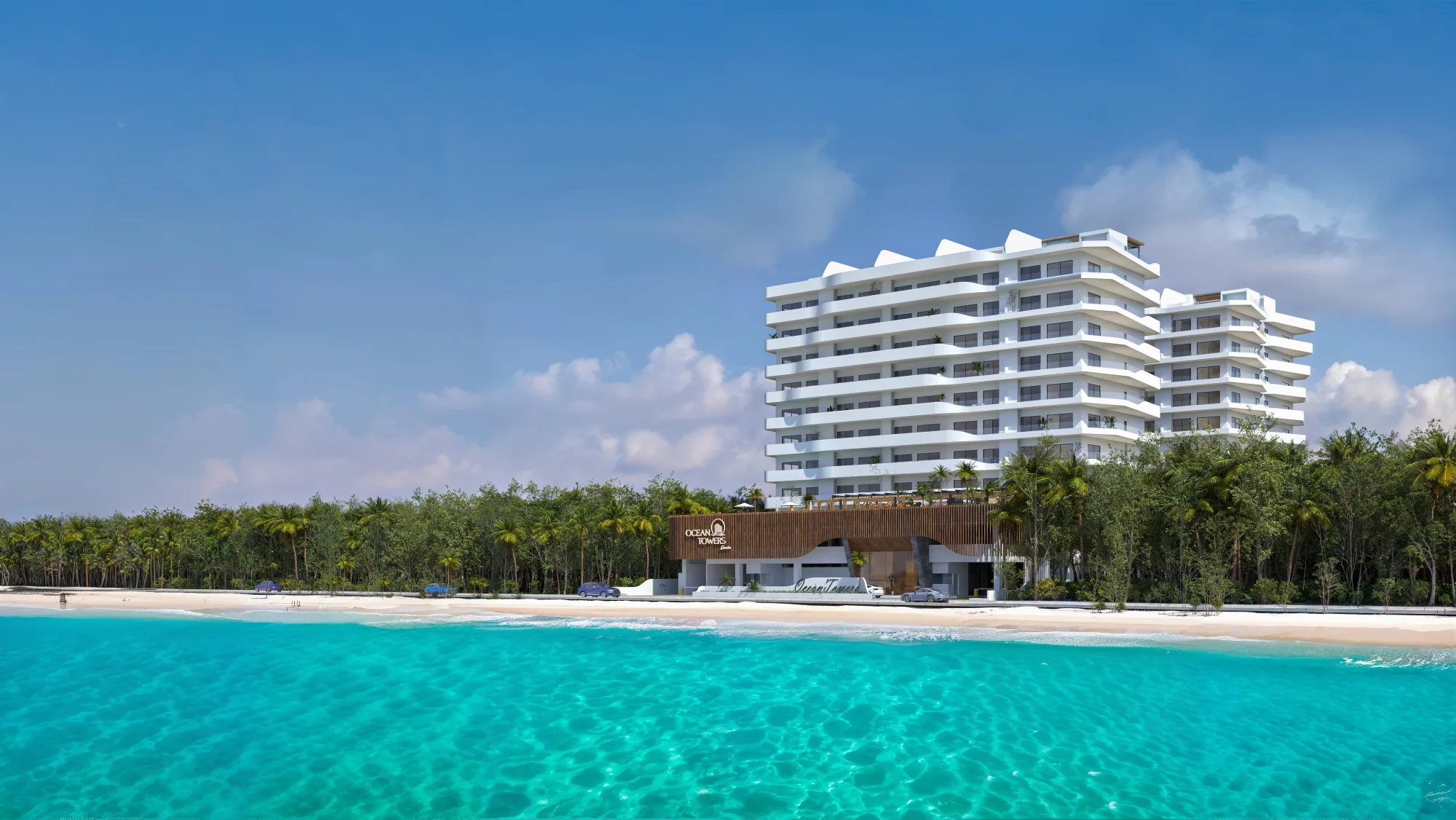 Ocean Towers Residences — ocean towers costa mujeres fachada torre atardecer, Costa Mujeres
