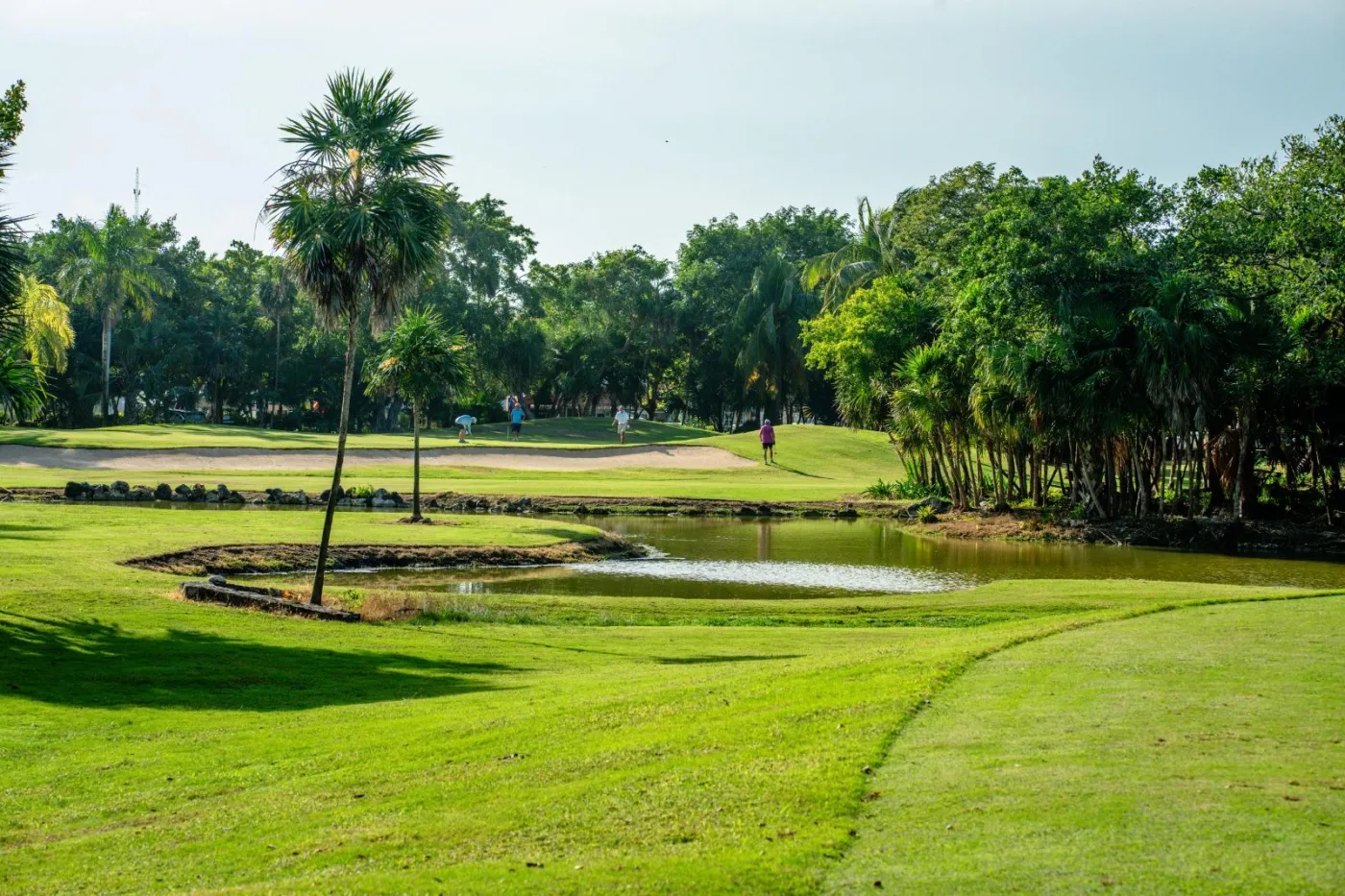 Puerto Aventuras golf course — green fairway, water and palms, the first course in the Riviera Maya