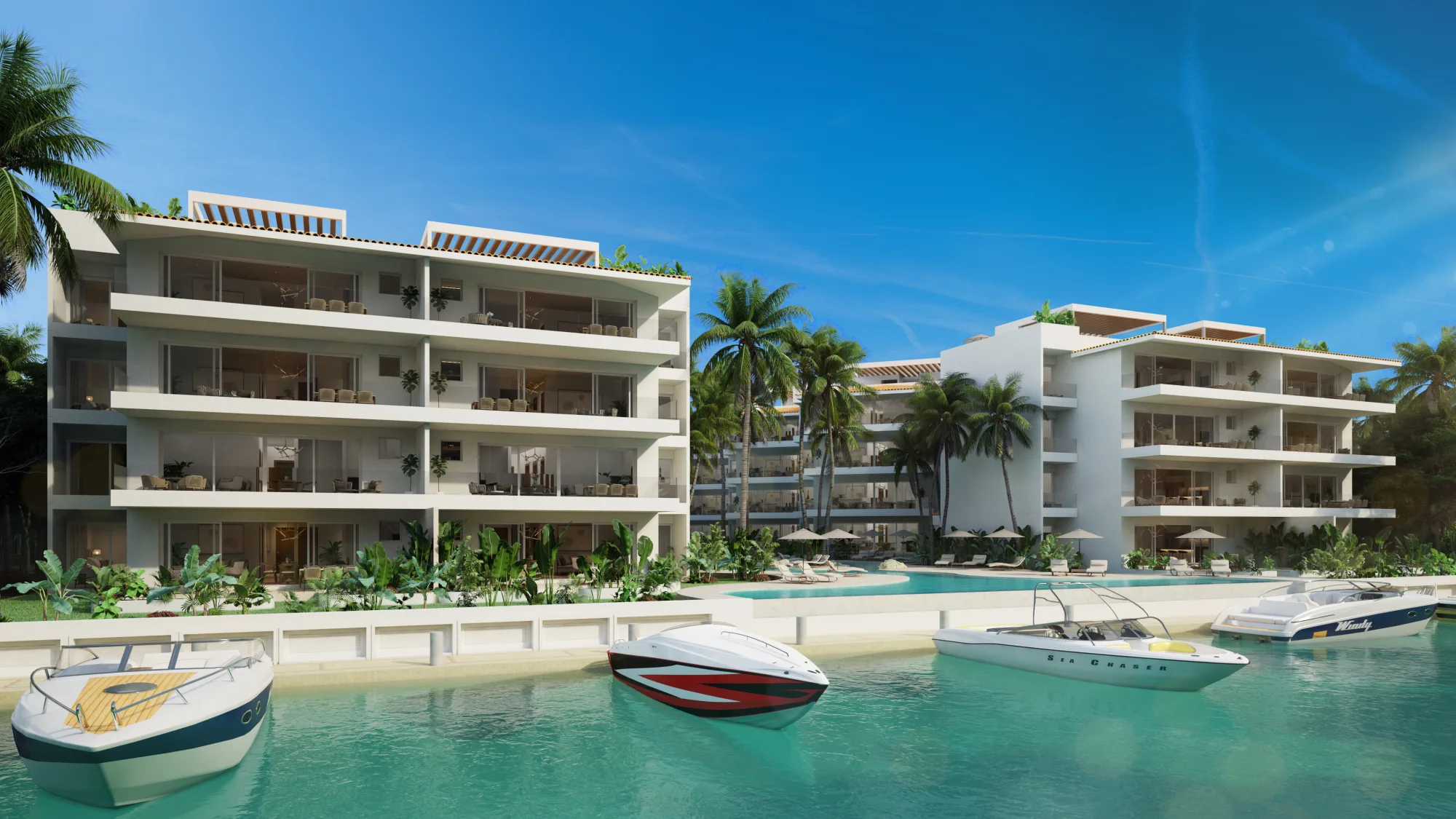 Puerto Aqua — fachada edificio a puerto aventuras, Marina