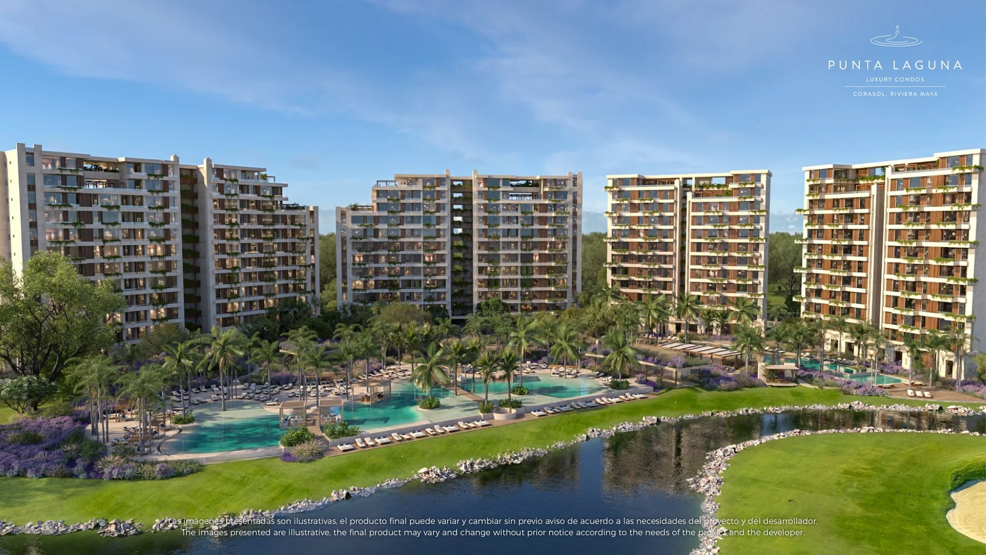 Punta Laguna Luxury Condos Corasol — 334 departamentos en 4 edificios con piscinas y jardín zen