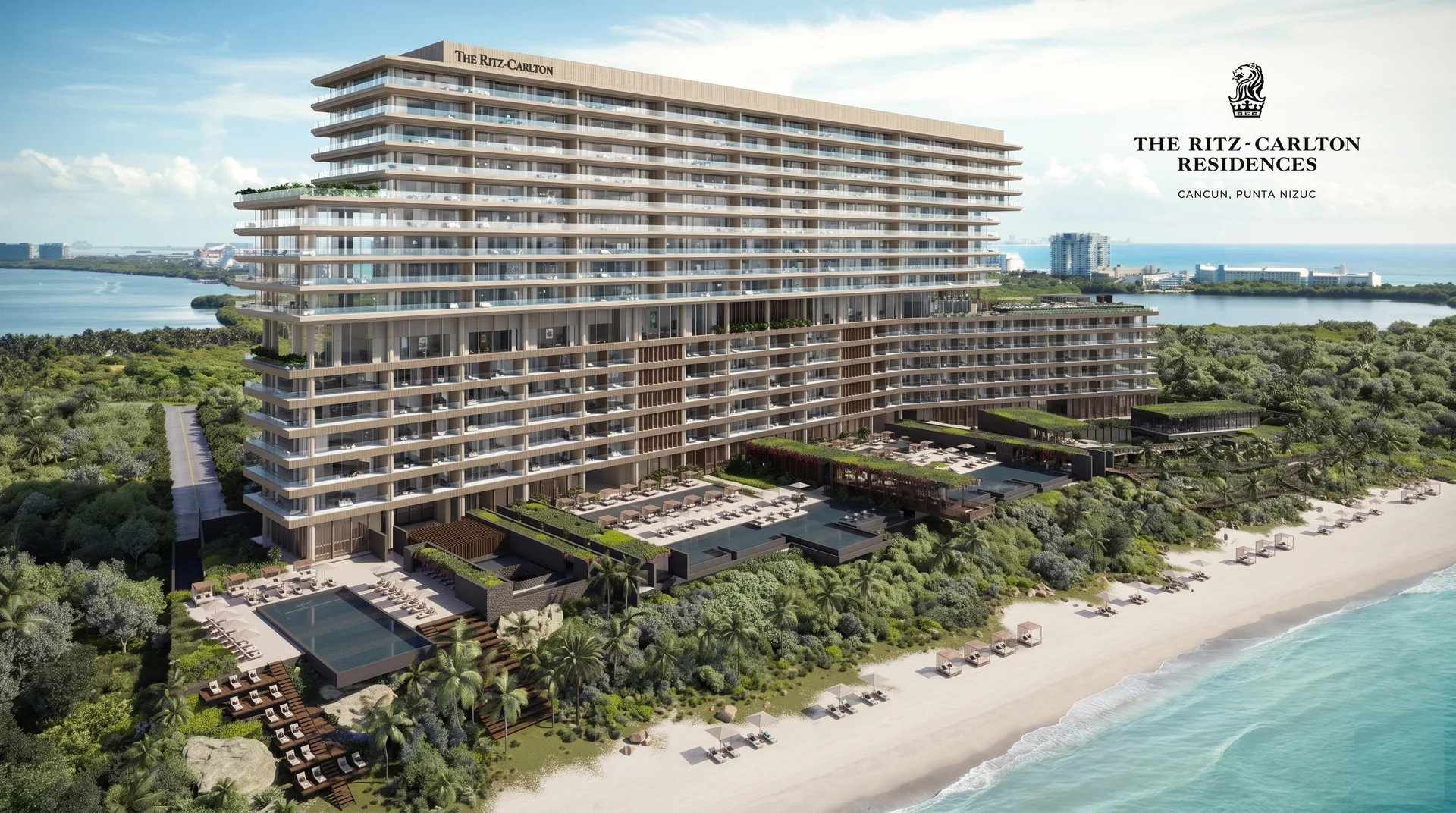 Render aéreo de The Ritz-Carlton Residences, Cancún, Punta Nizuc — el conjunto frente al mar entre la Laguna Nichupté y el Mar Caribe
