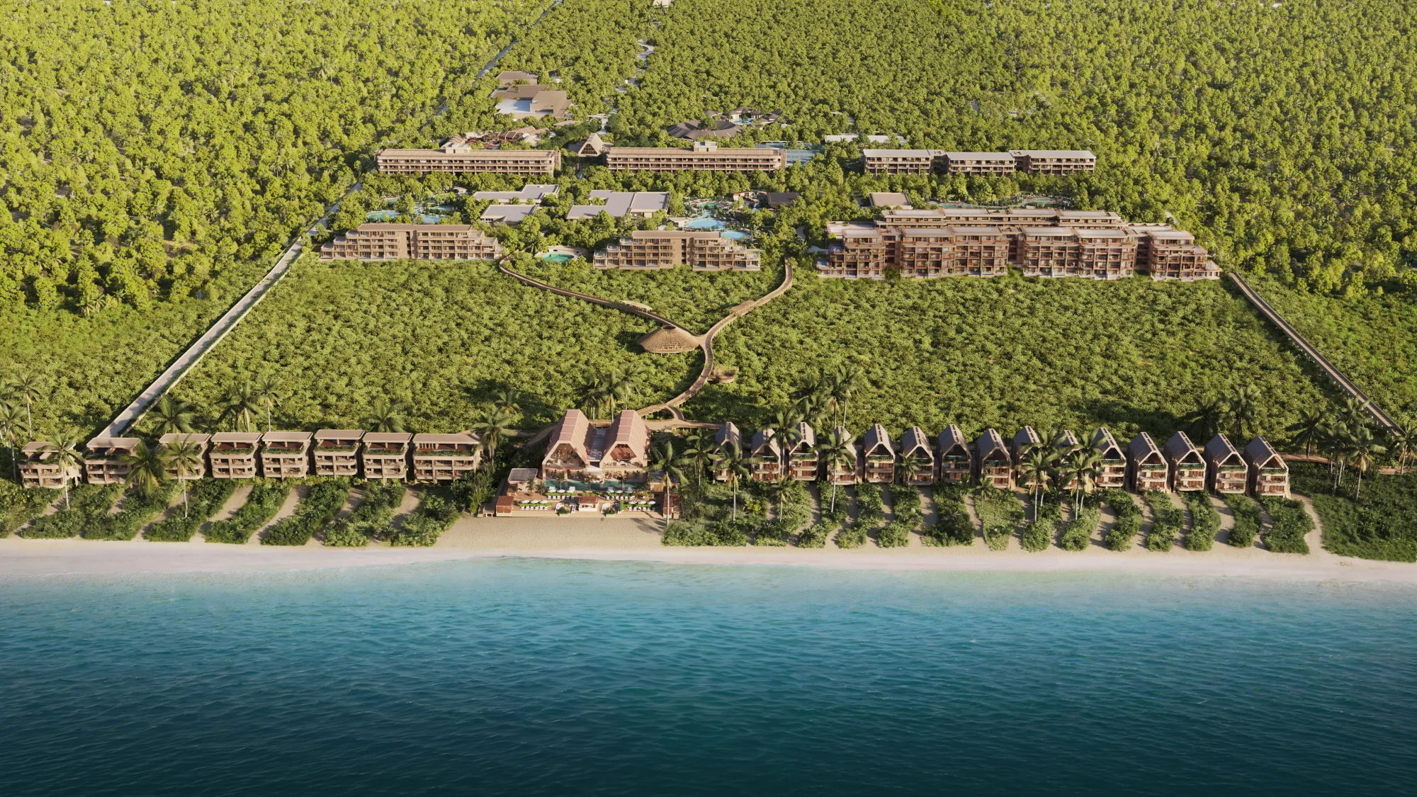 Aerial rendering of the complex seen from the sea, with villas and the beach club on the sand and buildings set back in the jungle