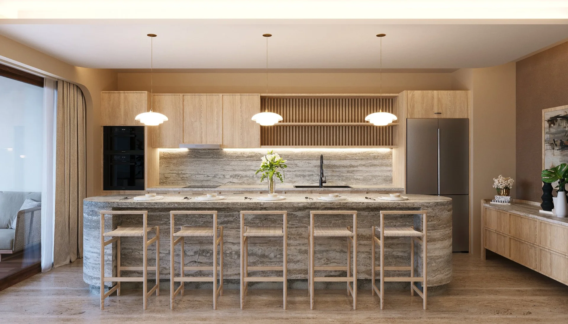 Penthouse kitchen with travertine island at Saint Marine beachfront luxury apartment