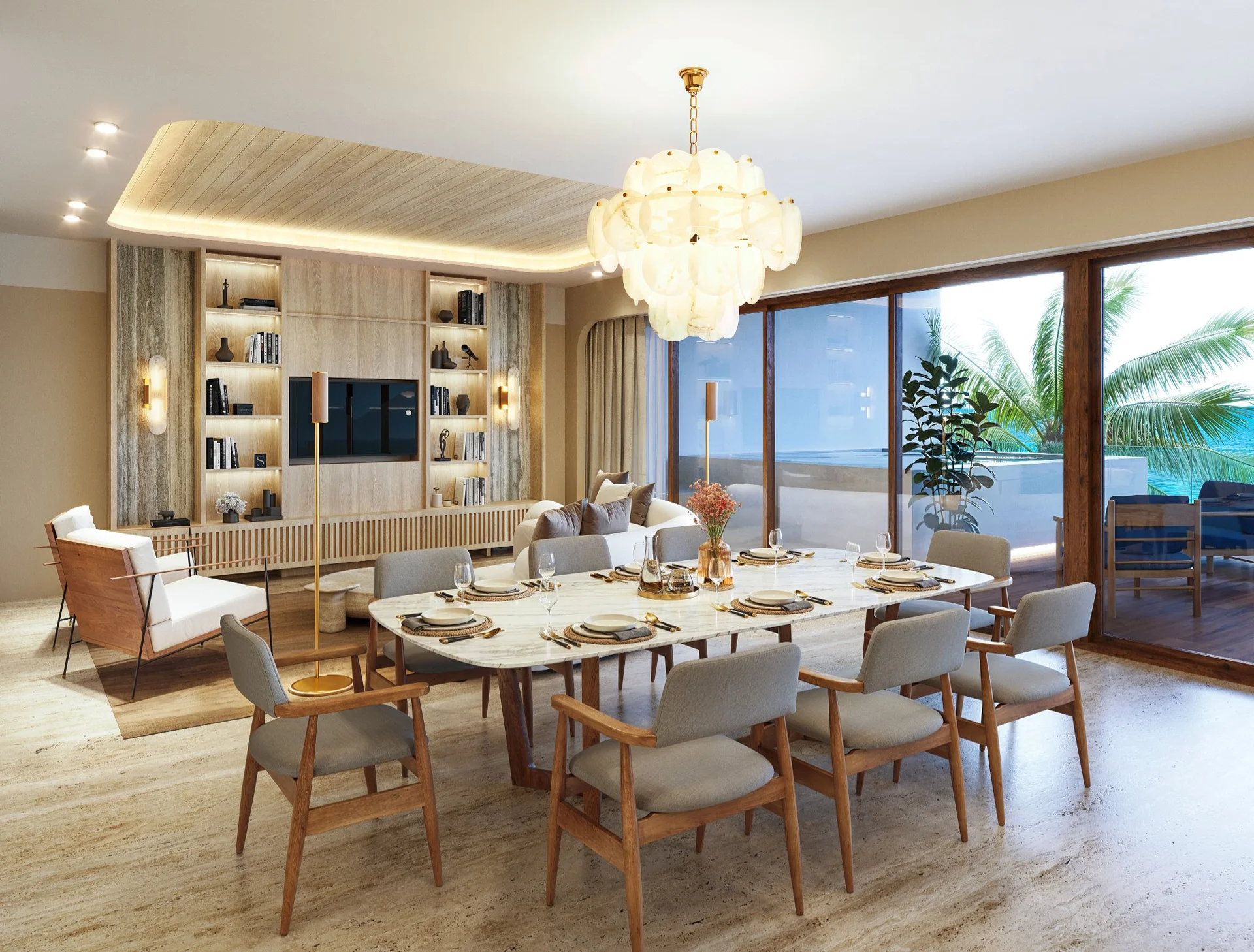 Penthouse dining and living room with Caribbean Sea view at Saint Marine, Playa del Carmen