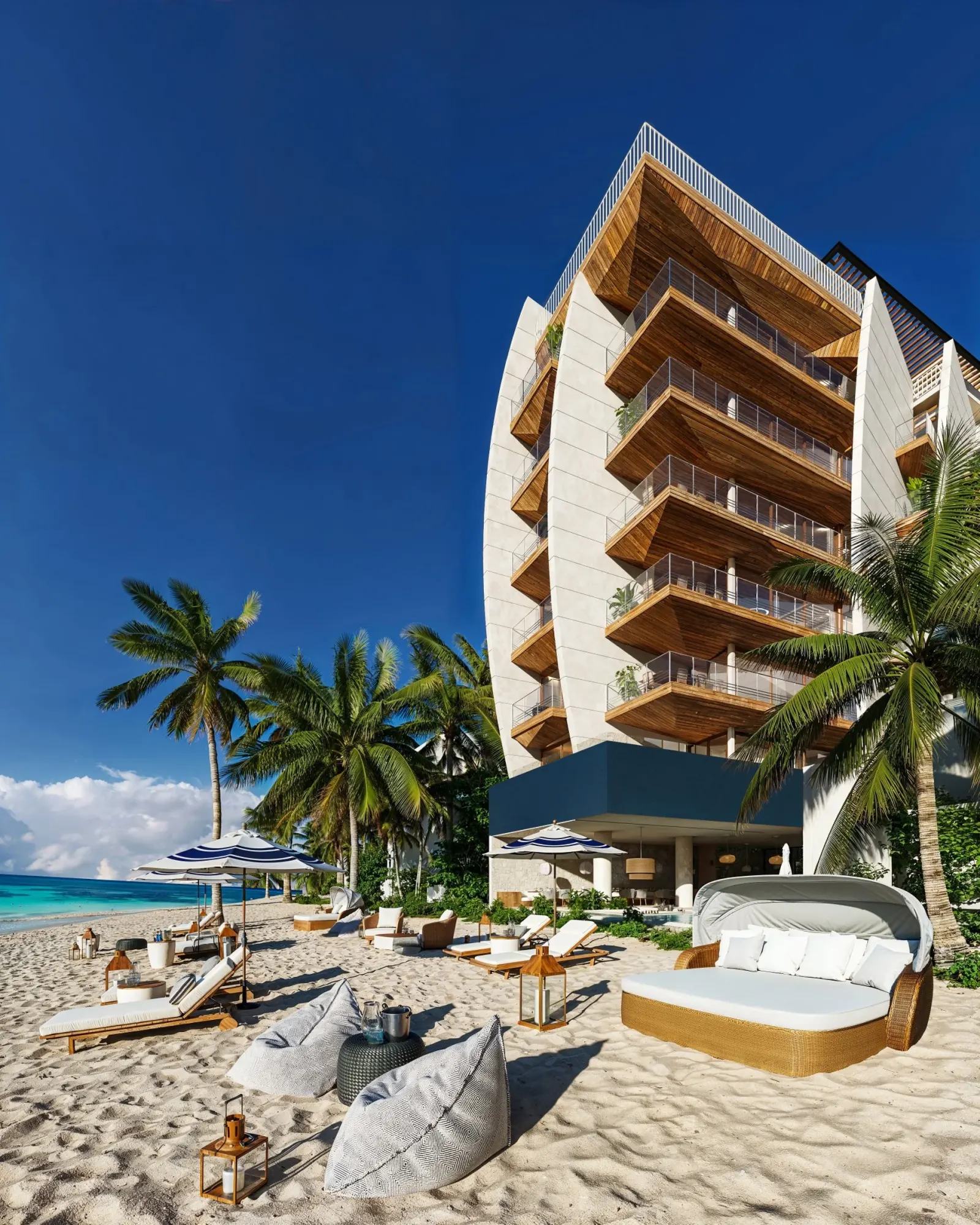 Lateral view of Saint Marine with sea-facing terraces, beachfront development Playa del Carmen